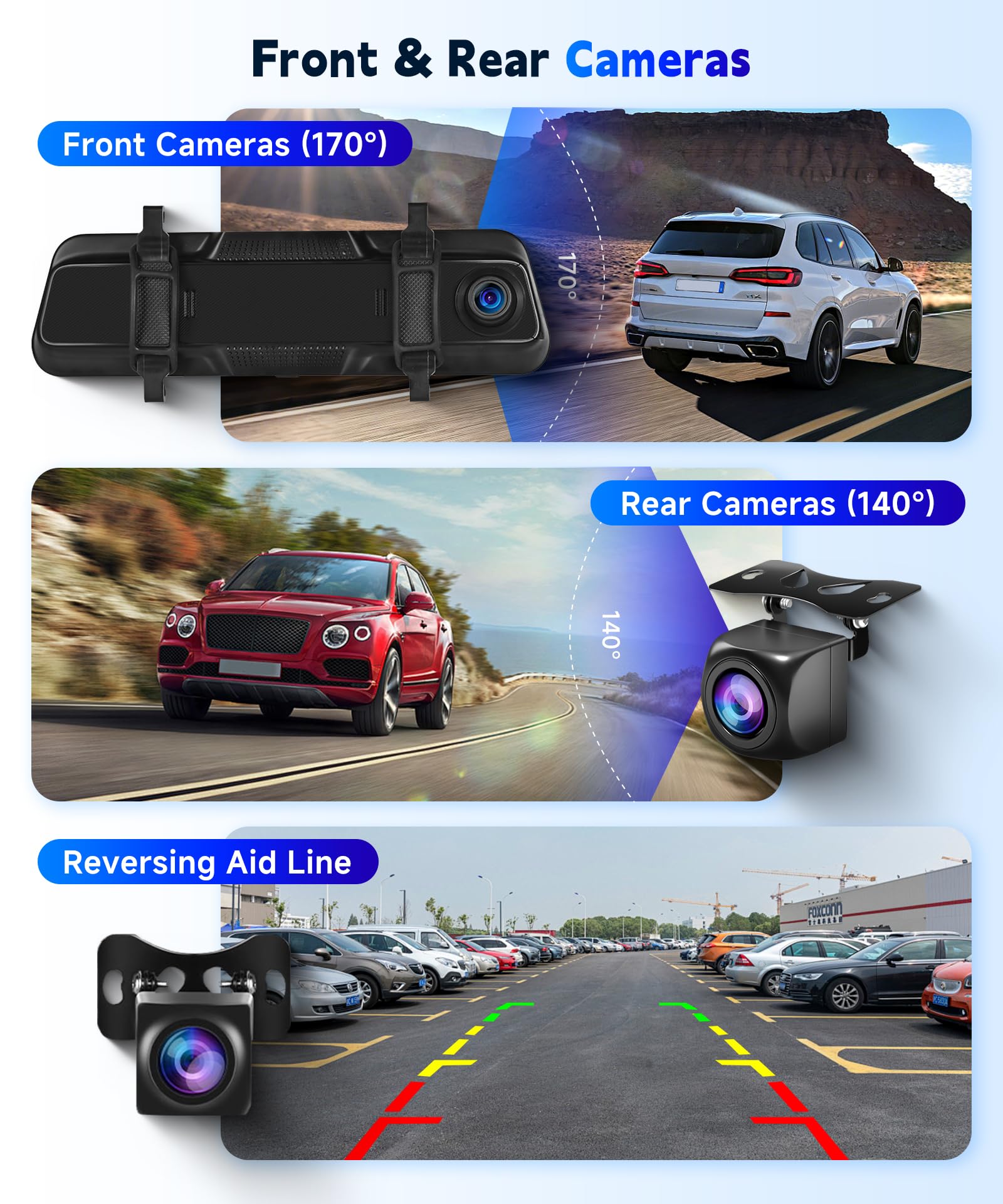 9.66‘’ 1080P Dashcam Rétroviseur avec Carplay & Android Auto, Caméra Embarquée 1080p, Carte TF 64 Go, Enregistrement 24h/24, WDR, Vision Nocturne, Commande Vocale