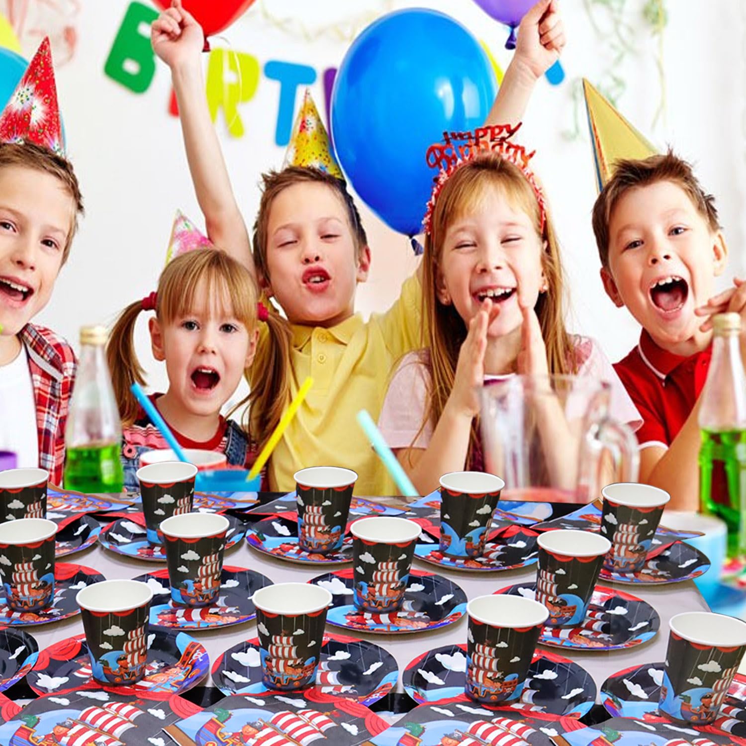 Compleanno Pirata Stoviglie,61 Pezzi Stoviglie Pirata per Feste,Feste Decorazione per Tema Pirata,Kit Compleanno Pirata con Piatto,Tazza,Tovaglioli,Tovaglia per 20 Ospiti