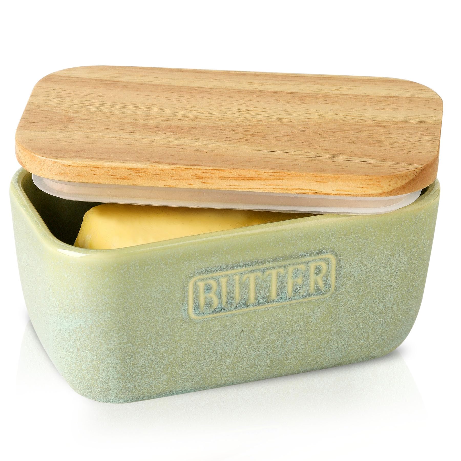 HVH Ceramic Butter Dish with Lid for Countertop, Airtight Butter Keeper with Turquoise Wooden Lid (6 x 3.5 x 2.7)