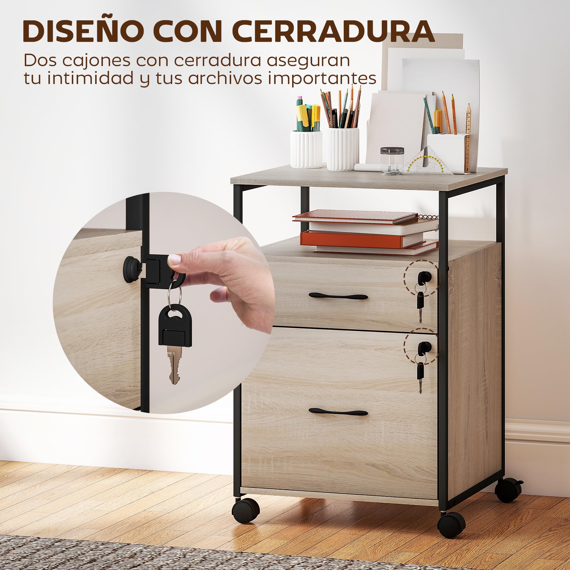 Vinsetto Cassettiera per ufficio con 2 cassetti, cassetto per scrivania con ruote, barra appendiabiti, serratura e 2 chiavi per lettere A4, schedario mobile per studio, 44x40x66,5 cm, naturale