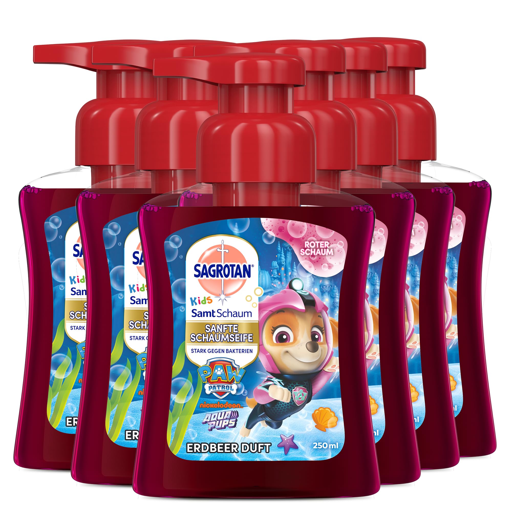 Sagrotan Kids Samt-Schaumseife Erdbeere – Paw Patrol Edition – 6 x 250 ml Schaumseife mit farbigem Schaum im Seifenspender