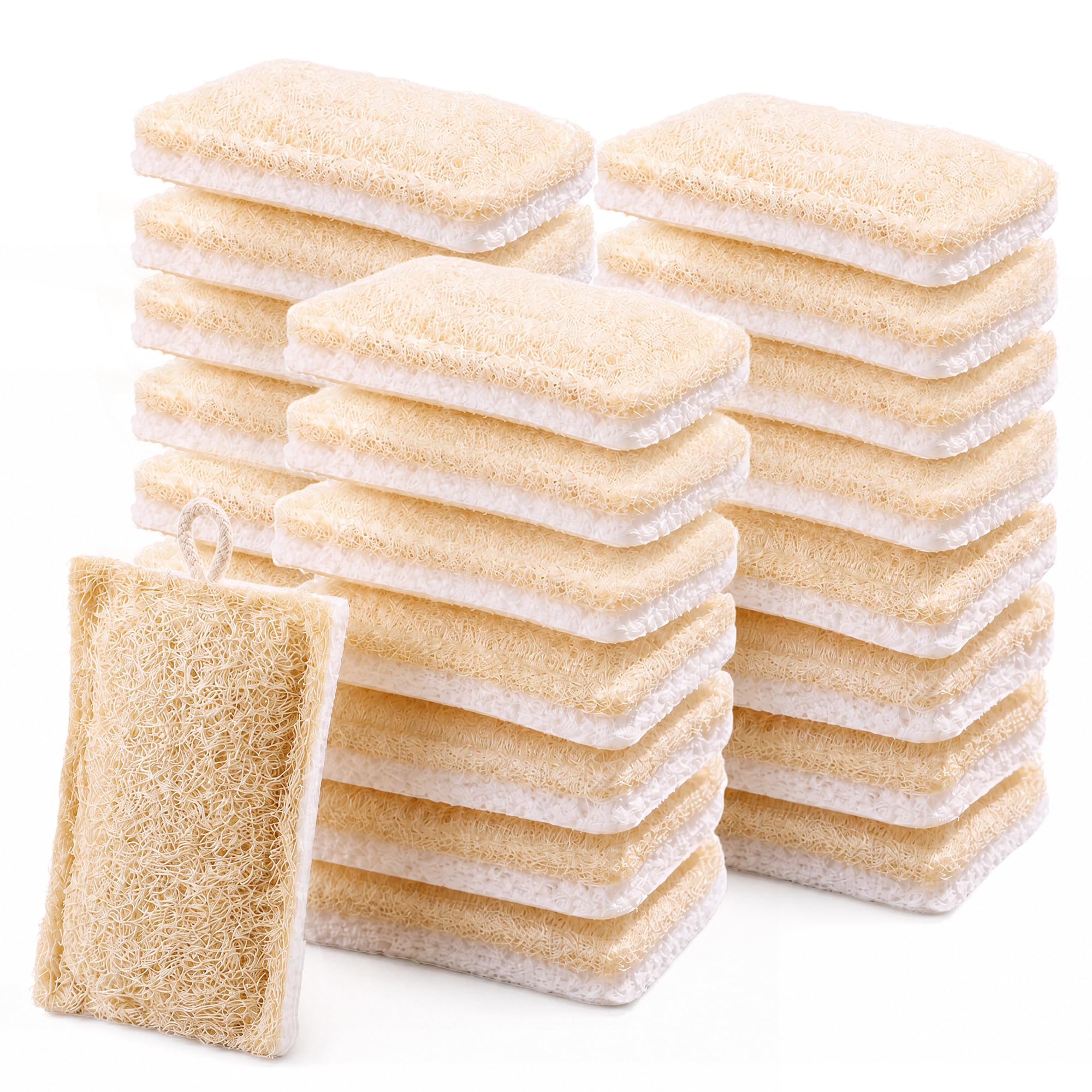 JOYMOOP Compressed Cellulose &amp; Loofah Scrubbers, Non-Scratch Scrub Sponge, Kitchen Sponges for Dishes, 24-Pack, Dual-Sided Dish Sponge for Nonstick Cookware &amp; All Surfaces