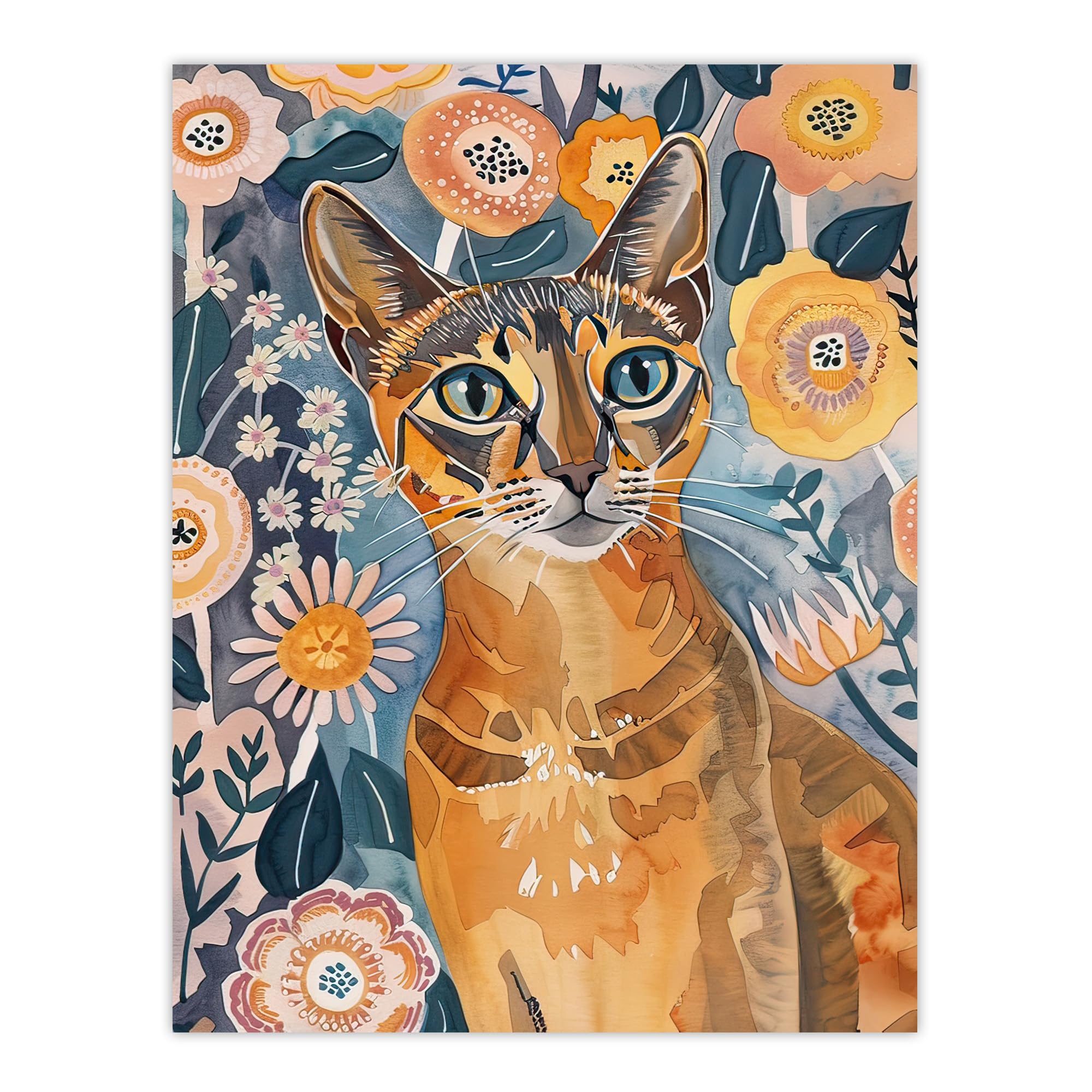 Artery8 Abyssinian Cat Floral Watercolour Folk Art Print Orange W18" x H24"