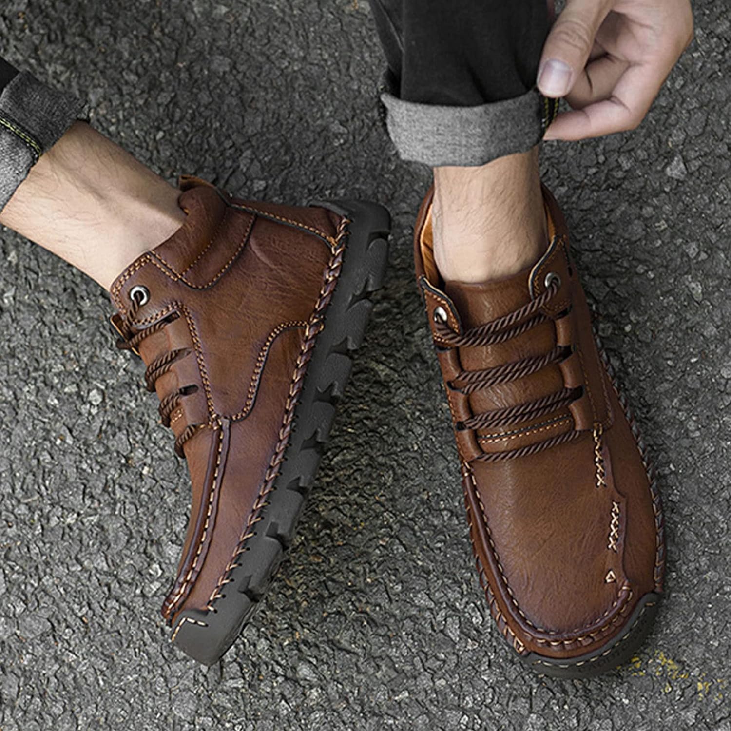 MOYOWEI Men's Vintage Mid-Top Hiking Shoes,Fall Winter Comfort Hand-Stiching Lace-up Non-Slip Outdoor Travel Ankle Chukka Boots
