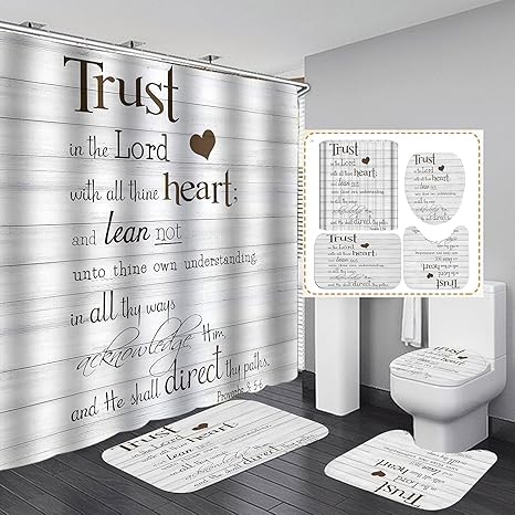 Amazon Com Skailie 4 件組正面勵志名言浴簾鄉村木板浴室裝飾防水布料白色浴簾防滑浴室地毯廁所墊白色木板 居家與廚房