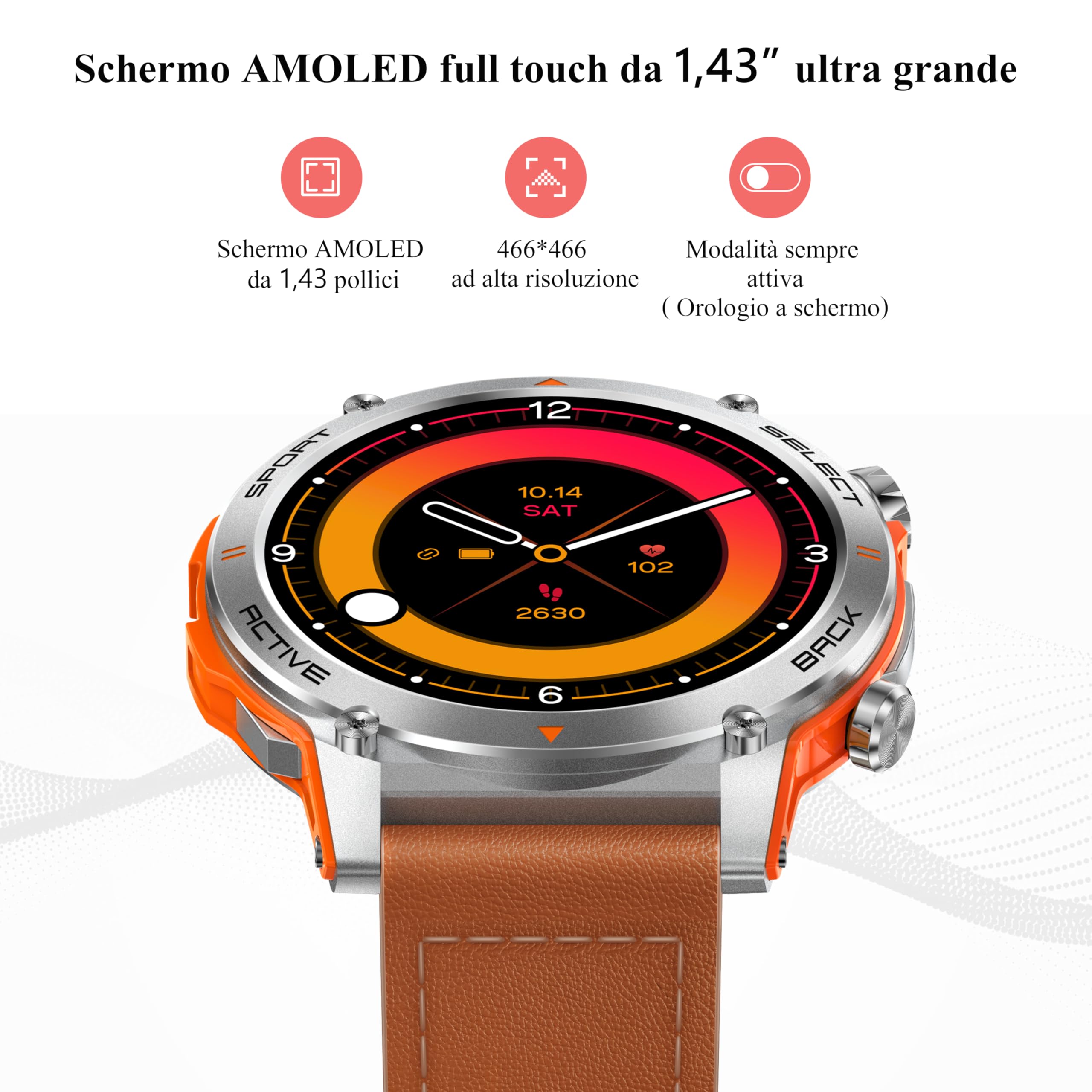 Popglory Smartwatch Uomo Donna, 1.43" AMOLED Orologio Chiamate, Orologio Digitale con Frequenza Cardia/SpO2/Pressione Sanguigna/Sonno/Contapassi, 110+ Sportive Fitness Tracker (No GPS Navigatore)