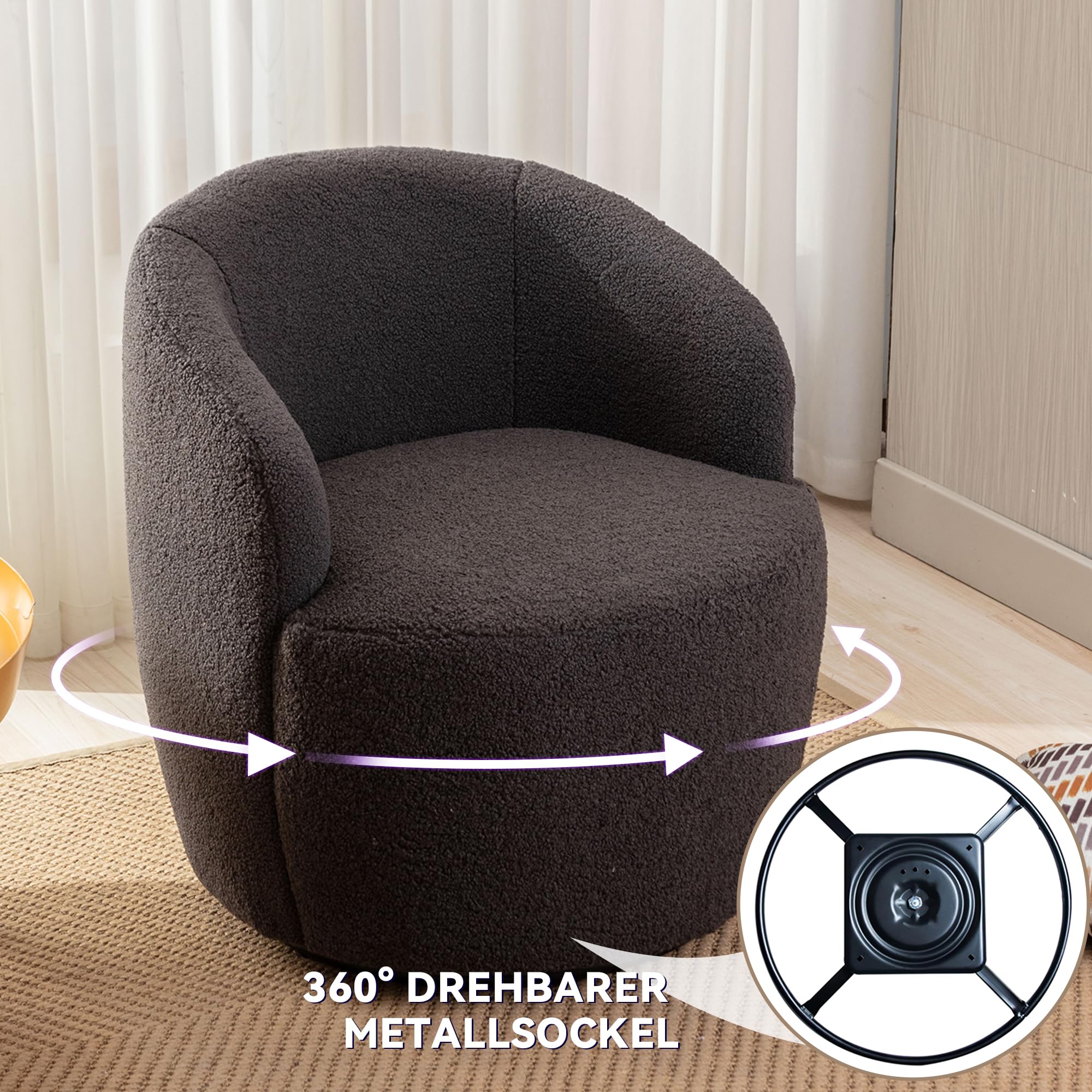FARRINGTON Teddy-Drehsessel In Braun – Boucle-Stoff, 360° Drehbarer Metallfuß, Gemütlicher Sessel Ohne Rollen