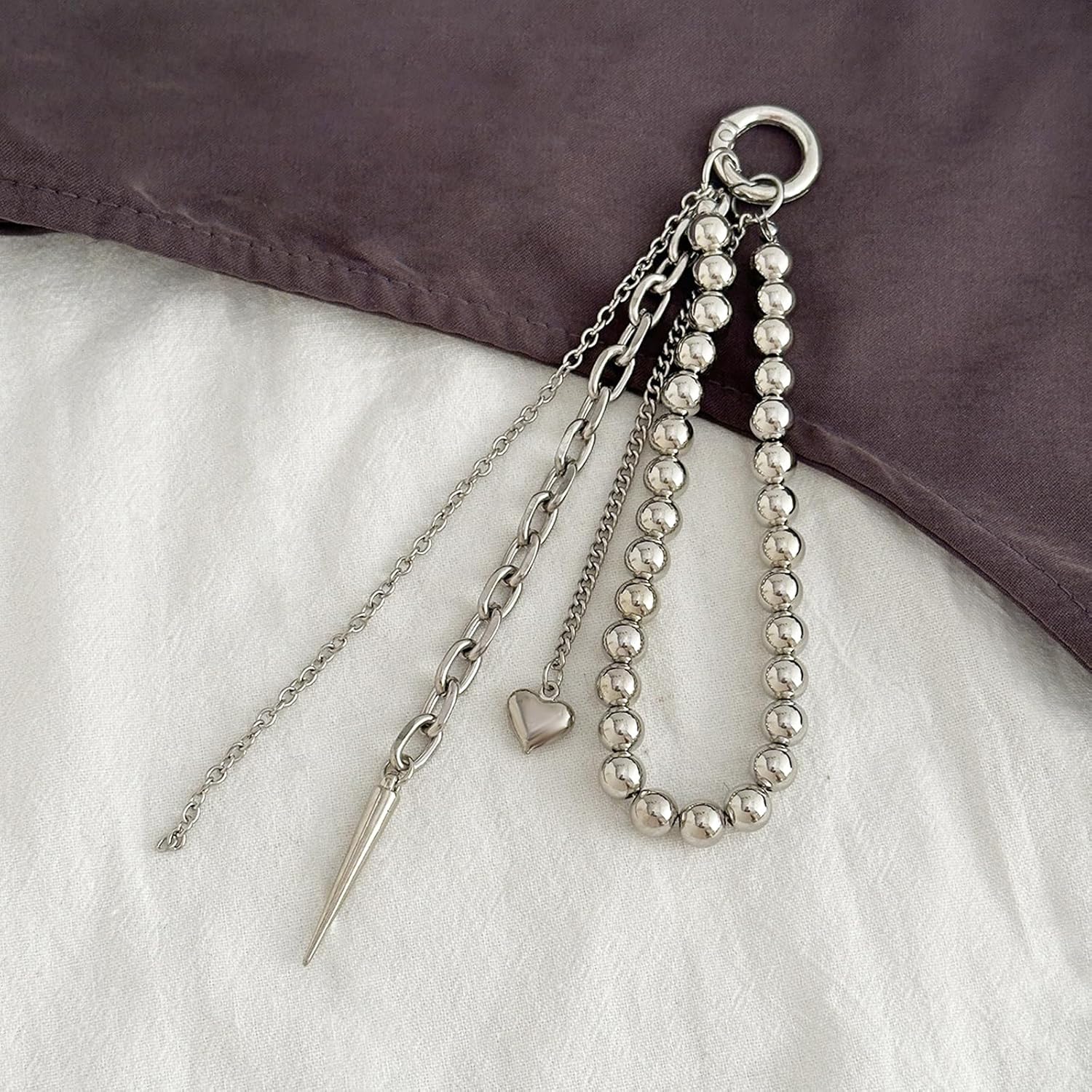 Metal Heart Chain Pendant Beads Wristlet Keychain Y2K Silver Bag Charms For Handbags Keychains Tassel Iron Chains Car Key Chain Women Cute Purse Charms Phone Charm Aesthetic Keychain Accessories - Image 6