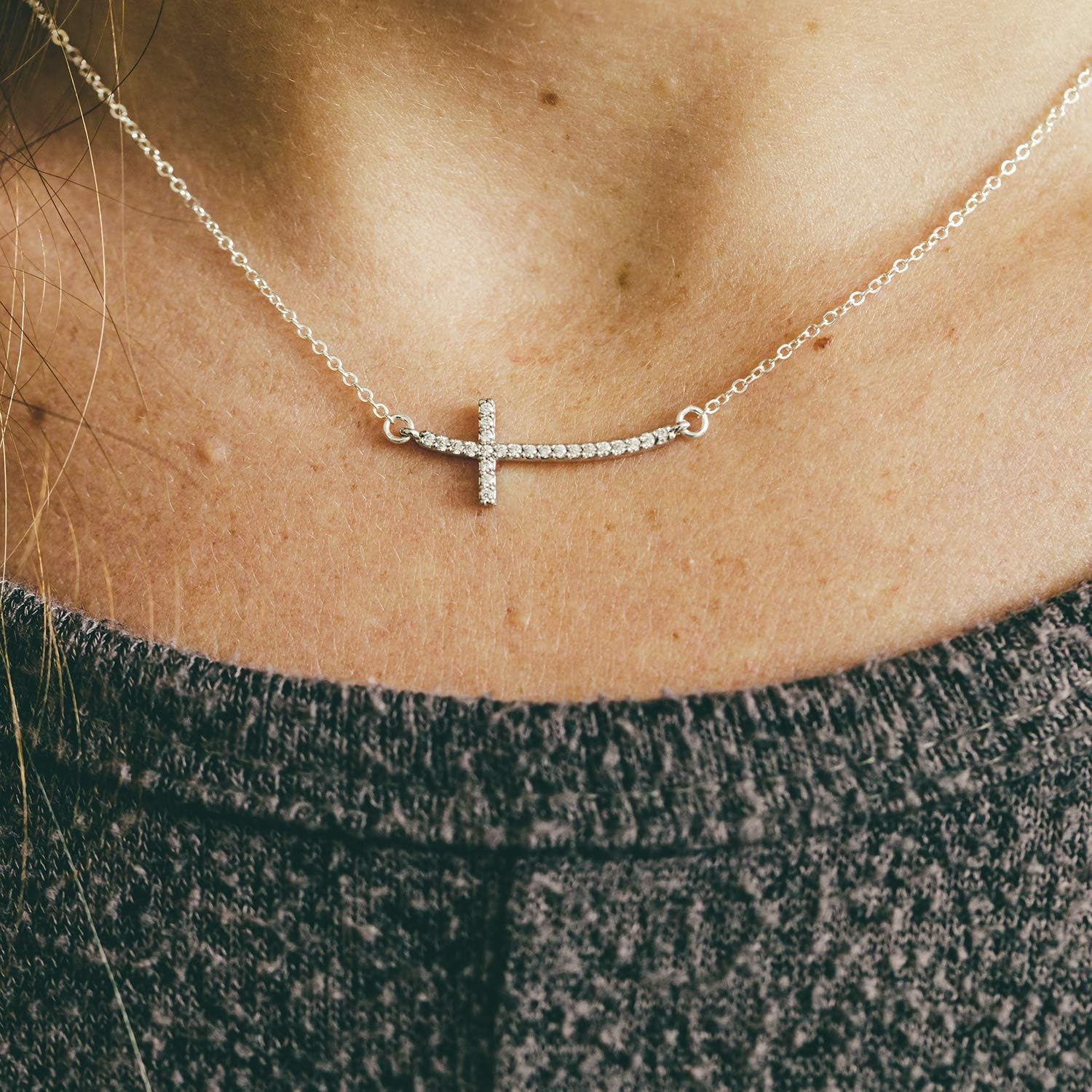 Designed By Stacey Handmade Sideways Curved Cross Necklace, Sterling Silver Chain, Sparkly Cubic Zirconia Religious Jewelry, Gifts for Her, Confirmation, Birthday, Wedding, 16 to 18" Adjustable Chain - Image 4