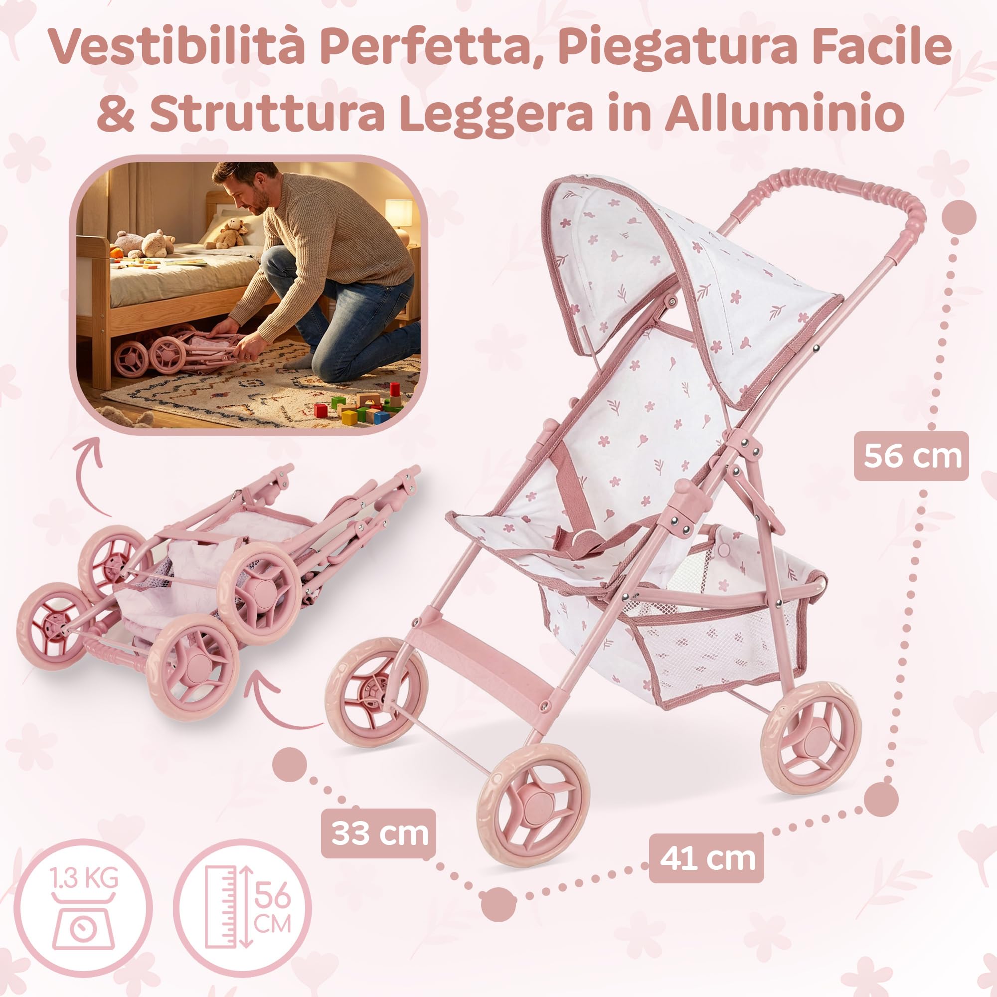 Kinderplay Passeggino per bambole dai 3 anni in su - Passeggino leggero e pieghevole, con ruote in EVA, cinghia e tettuccio, colore rosa