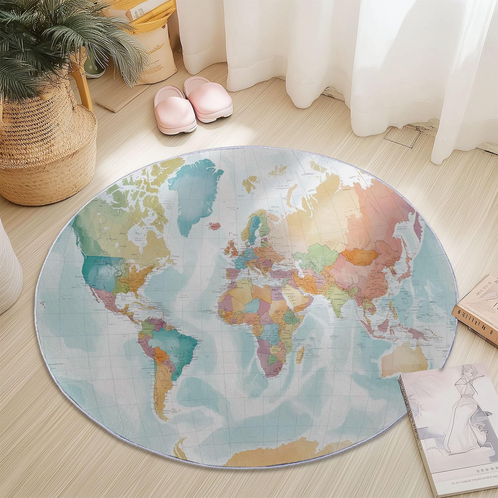 Tappeto Rotondo Salotto, Morbido Mappa Del Mondo Ad Acquerello Tappetini Antiscivolo lavabile in lavatrice, Tappeto per Bambini Cameretta Cucina Casa Zona Balcone Tappet Tavolino 160 cm, Bianco