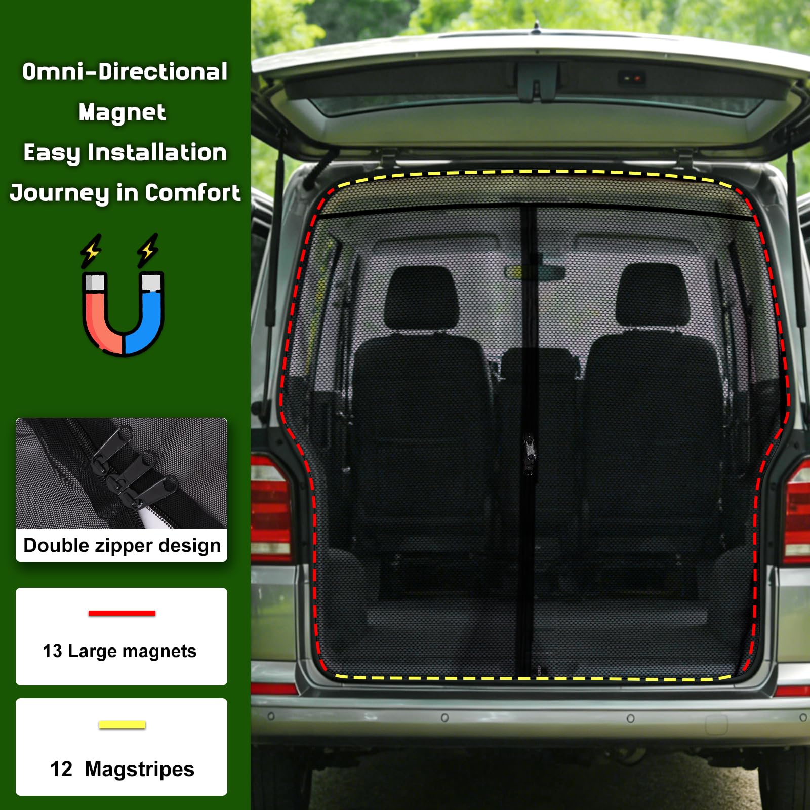 YGYQZ Magnetyczna ochrona przed owadami do VW T5 T6 klapa tylna, magnetyczna zasłona oddzielająca z 3 systemami zamków błyskawicznych, ochrona przed słońcem i wentylacją na kempingu, w podróży i w
