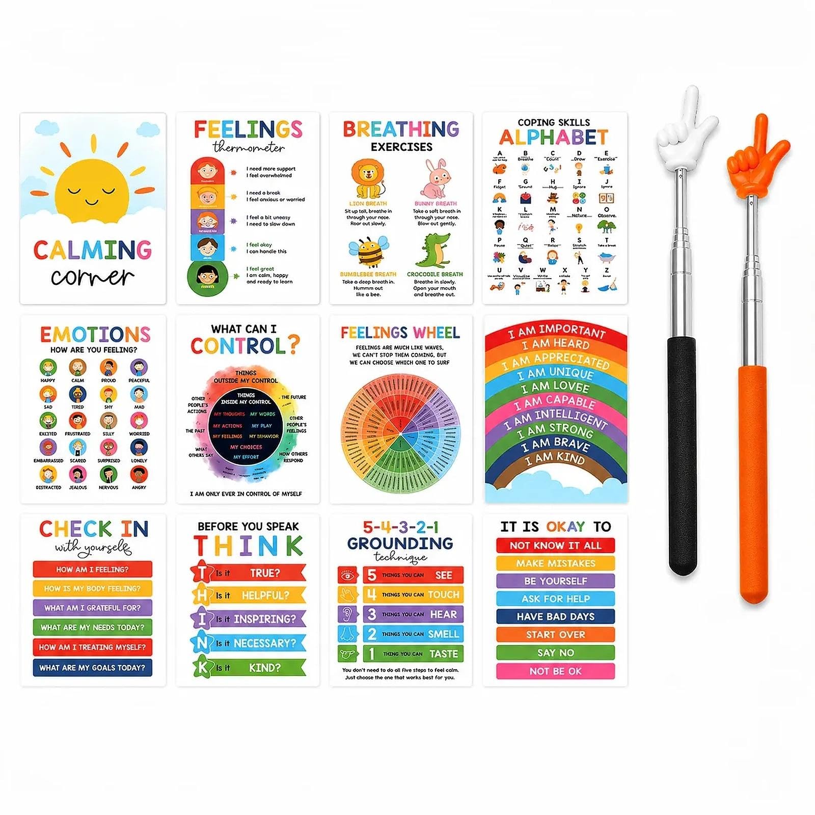 Sotbnna 12 Calm Down Corner Posters, Feelings Wheel Emotion Charts