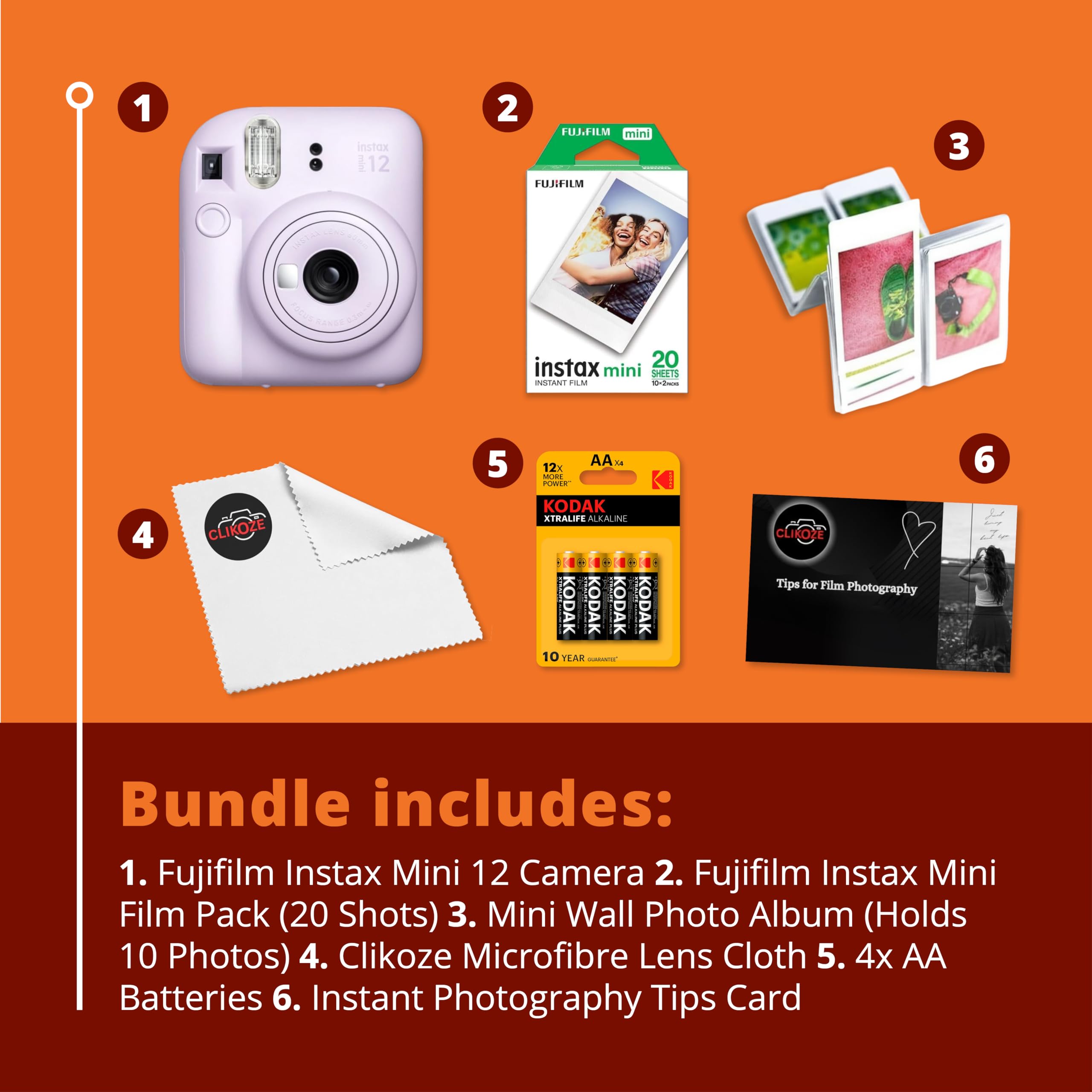 Paquete de cámara instantánea con cámara Fujifilm Mini 12 lila morado, mini película Fujifilm de 20 disparos, 4 pilas AA, álbum de pared, paño de lente Clikoze y tarjeta de consejos de fotografía