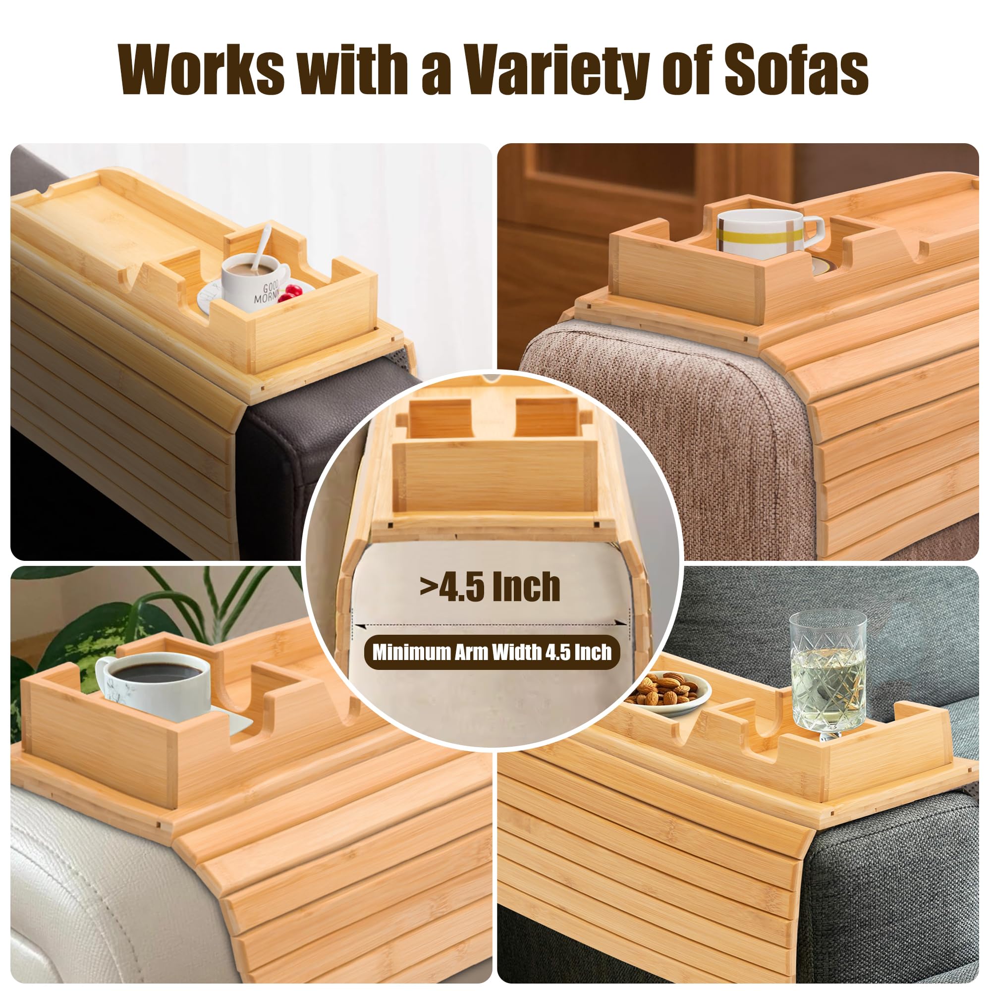 Soporte de bambú para sofá, mesa plegable y antideslizante con bandeja organizadora de brazos de sofá desmontable, bandeja portátil 2 en 1 para reposabrazos de sofá para bebida, café, taza, control