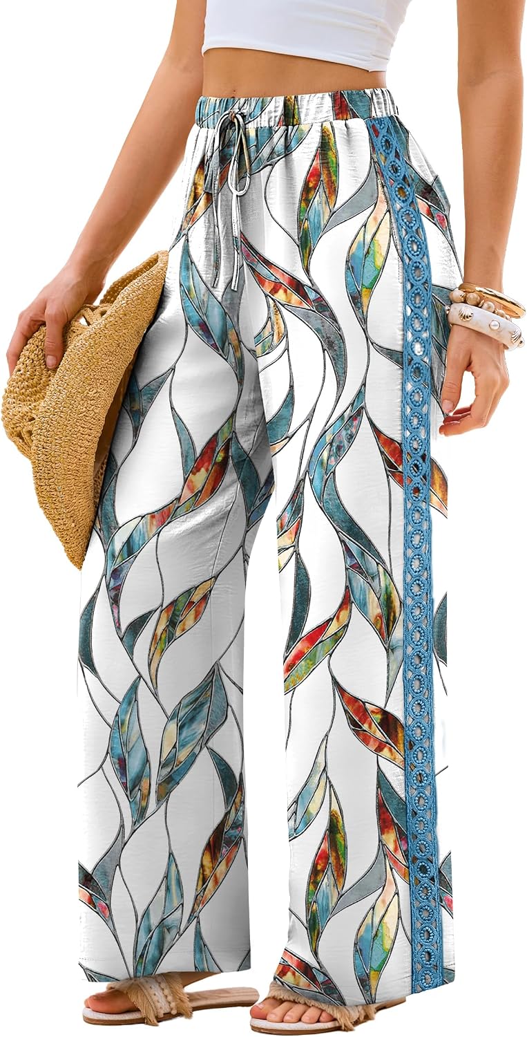 Sampeel Wide Leg Palazzo Pants for Women Flowy Lace Elastic Waist with Pockets Summer Vacation Outfits