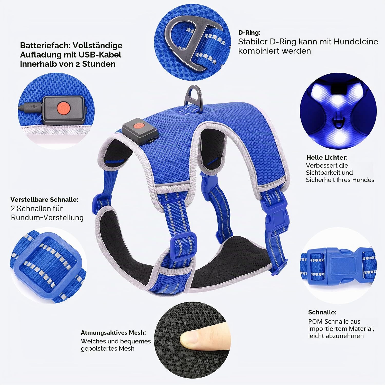 YFbrite Leuchtendes Hundegeschirr, über USB wiederaufladbar, LED-Haustiergeschirr, blinkend, Nachtsichtbarkeit, verstellbar, reflektierend, leuchtet im Dunkeln für Sicherheit, leuchtet im Dunkeln