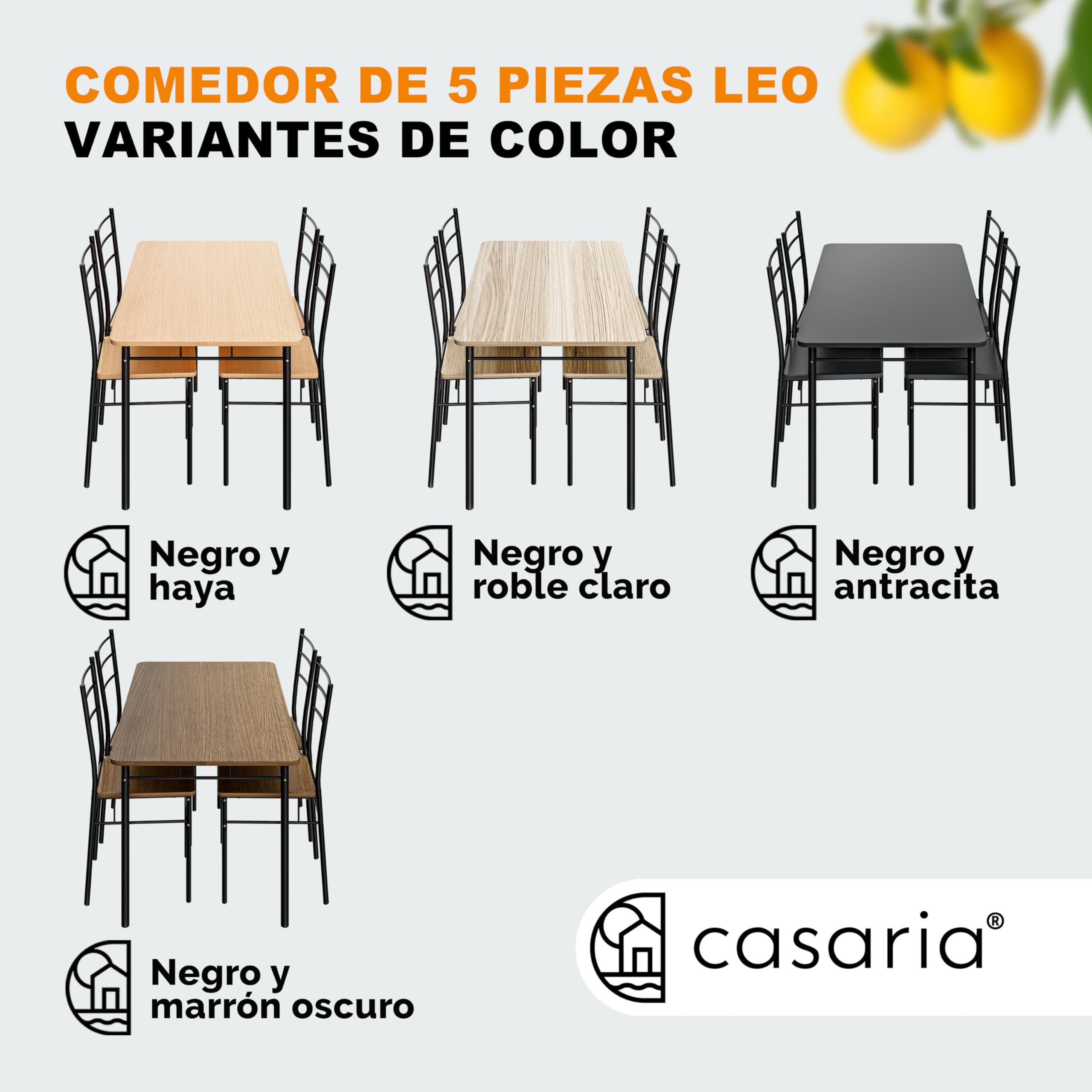 CASARIA® Juego de Mesa y Sillas Comedor Completo, Set de Muebles de Cocina, 110x70cm, Conjunto para 4 Personas, Salon, Moderno, Madera 5 Pzs., Rectangular, Ahorra Espacio Compacto, Capacidad 125KG