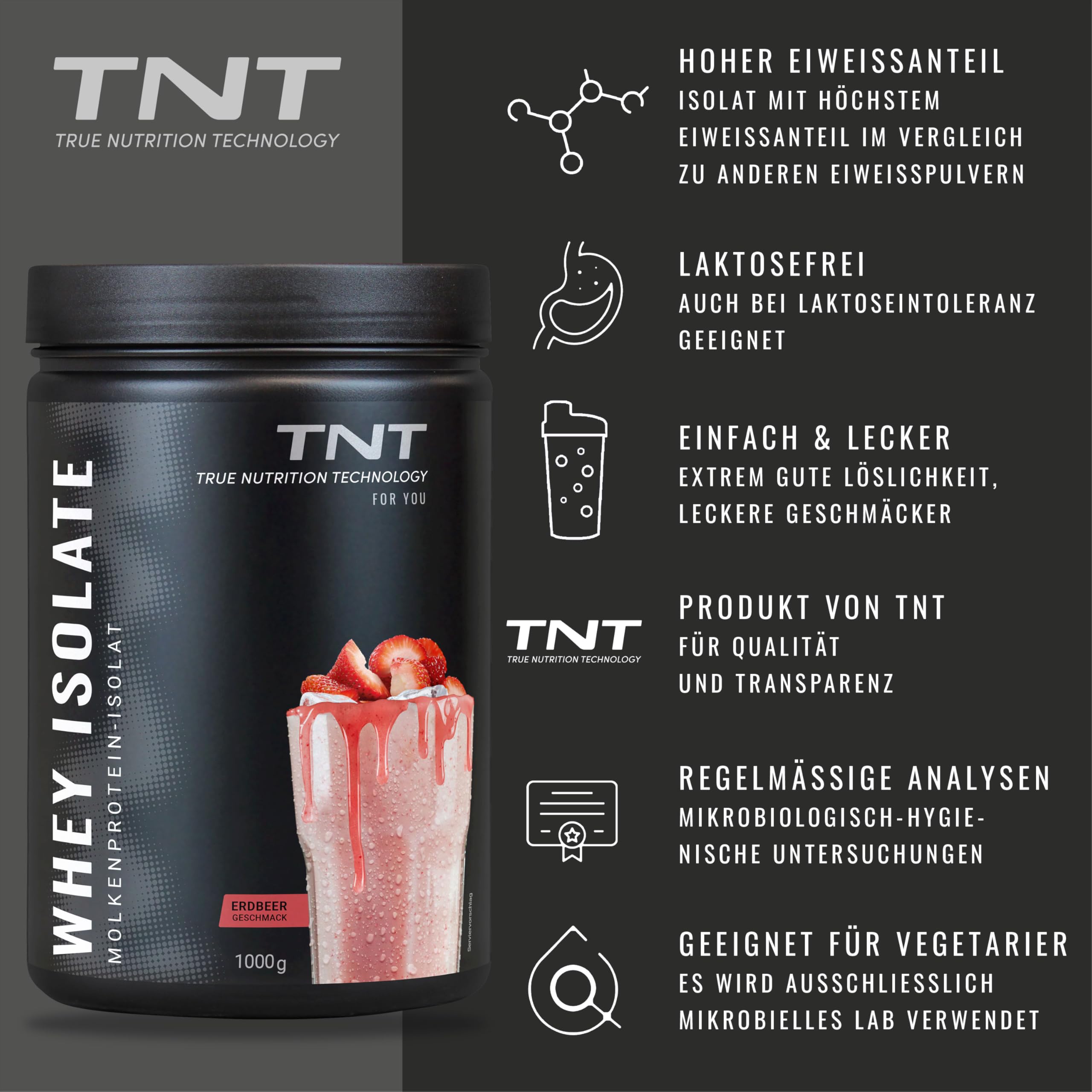 TNT Whey Protein Isolate (1kg) • Eiweiß Pulver für High Protein Shake • Molkenprotein-Isolat • Tolle Löslichkeit & leckerer Geschmack (Erdbeere)