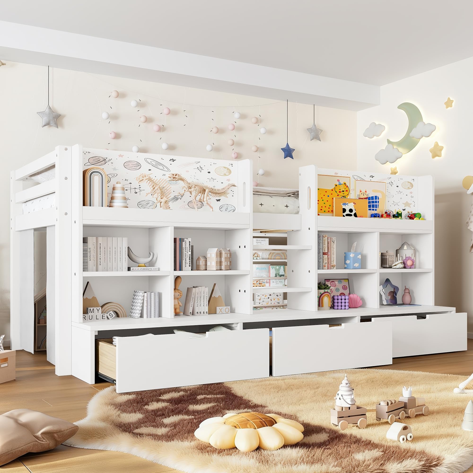 Twin XL Size Low Loft Bed for Kids with Storage Shelves, Play Curtain &amp; Chalkboard,Space-Saving Design,No Box Spring Needed (White-TX)