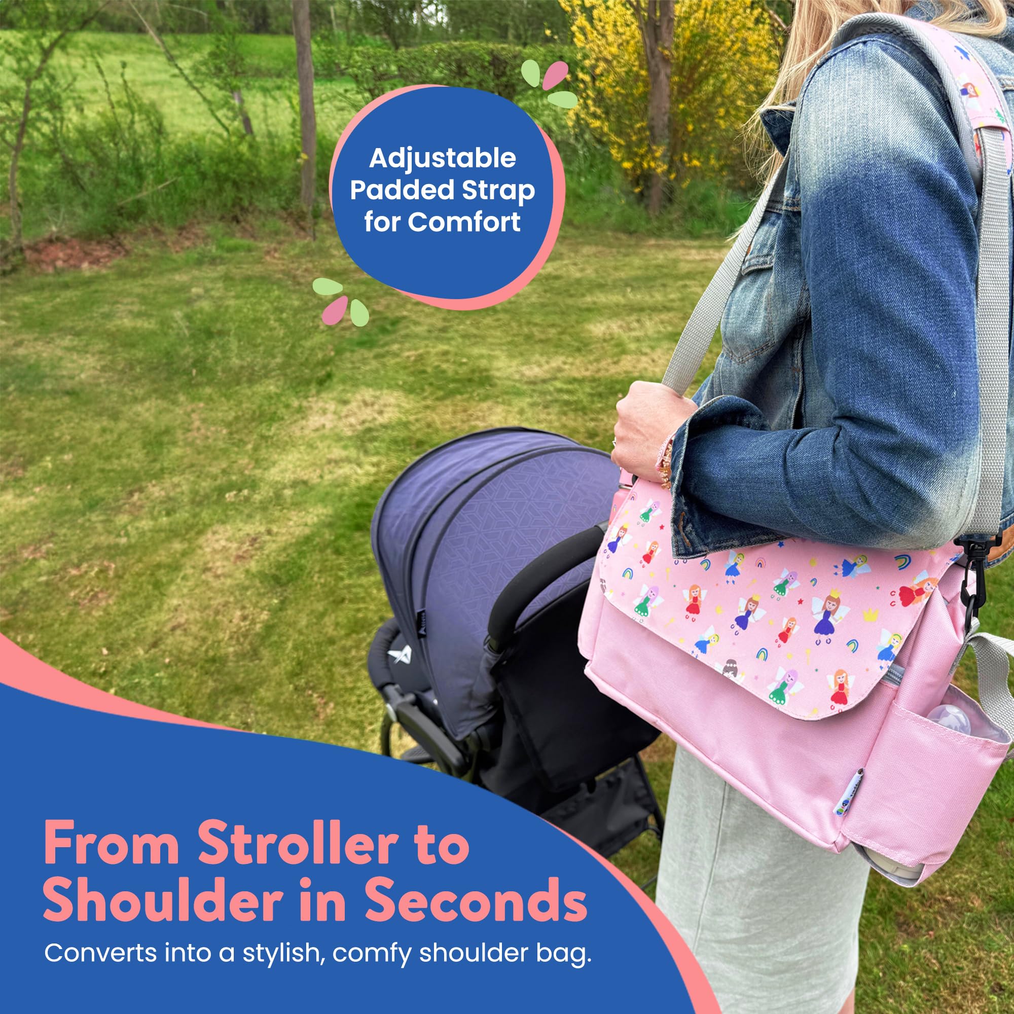 Tiddlers & Nippers Tiddler Universal Kinderwagen Organizer Tasche - Große Kapazität Kinderwagen & Buggy Tasche mit 2 Getränkehaltern & 2 Fächern, Fabelhafte Feen, 42cm x 22cm x 11cm, Casual