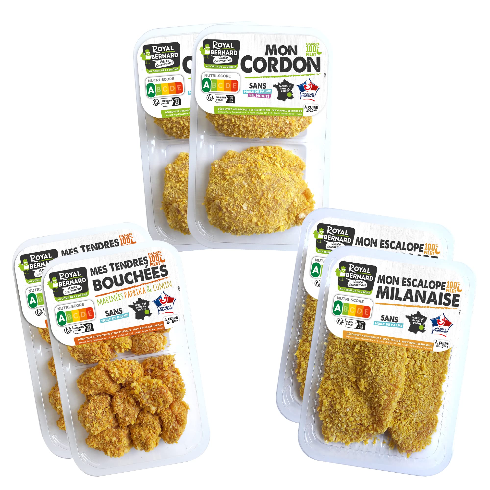 Royal Bernard - Assortiment Mes Panés - Colis de Viande de Volaille 100% Française - 6 Barquettes - Nutri-Score A, Sans Huile de Palme - Cordons Bleus + Escalopes + Tendres Bouchées