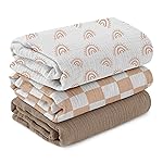Muslin Swaddle Blankets for Newborn, 3 Pack Breathable Soft Receiving Blanket, Large 38 x 40 inches Swaddle Wrap Burping Clothes Diapers, Essentials Infant Shower Items, Toddler Gift (Rainbow & Grid)