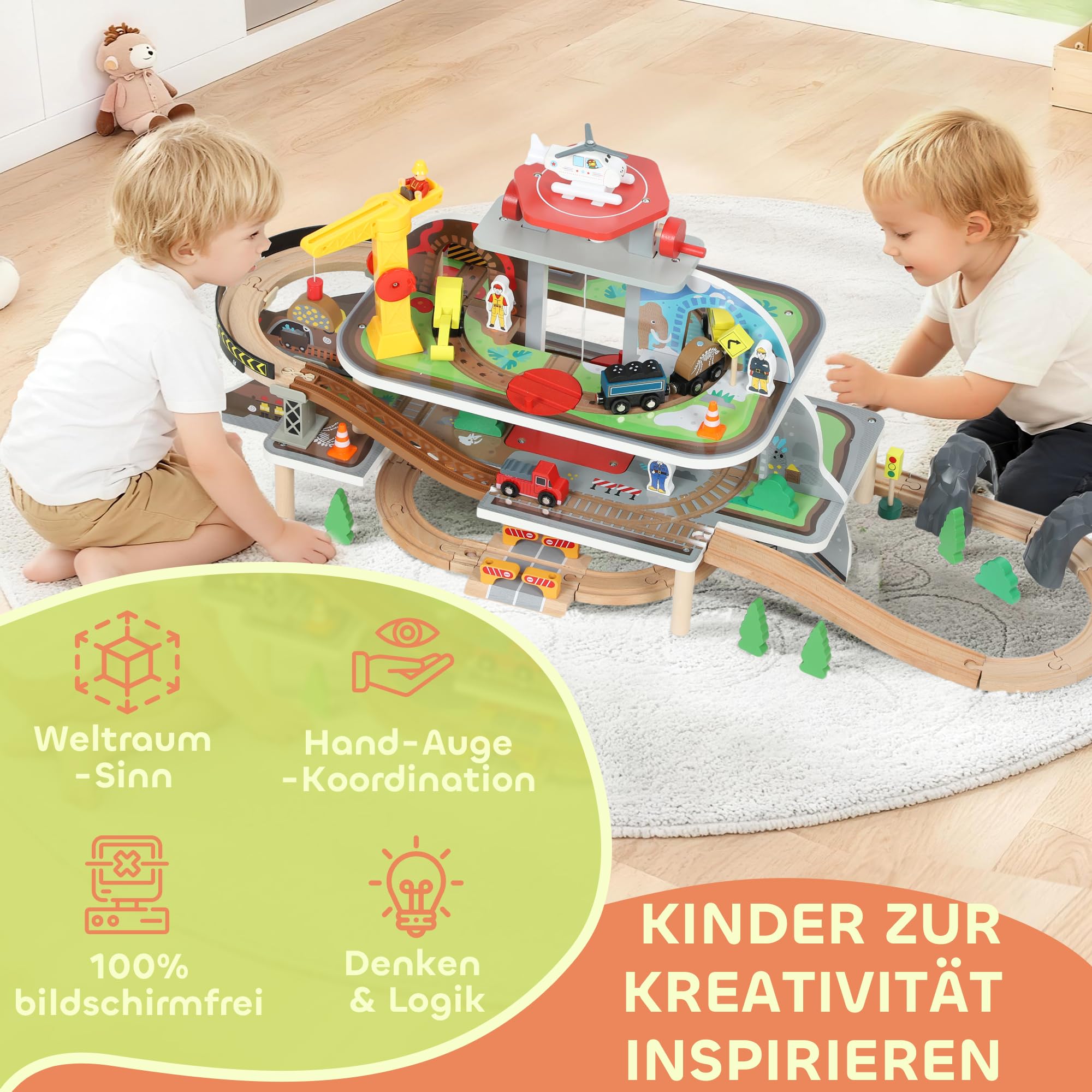 AIYAPLAY Holzeisenbahn Set 3 Ebene 79 Stück für Kleinkinder ab 3 Jahren
