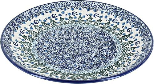 Blue Rose - Plato mágico mágico de hoja perenne azul - 10.5 pulgadas de diámetro - Plato llano de cerámica polaca, diseño festivo para vajilla de