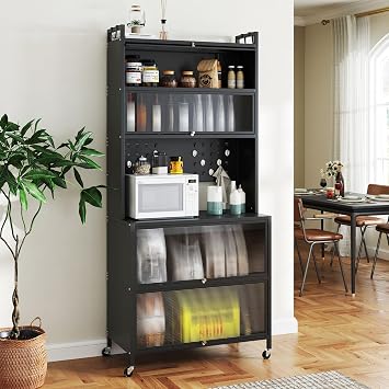TANGZON 5/6 Tier Kitchen Cabinet, Rolling Kitchen Baker's Rack with Translucent Flip Doors, Pegboard, Hooks & Wheels, Microwave Stand Pantry Cupboard Unit (Black, 6 Tier, 80x40x181cm)