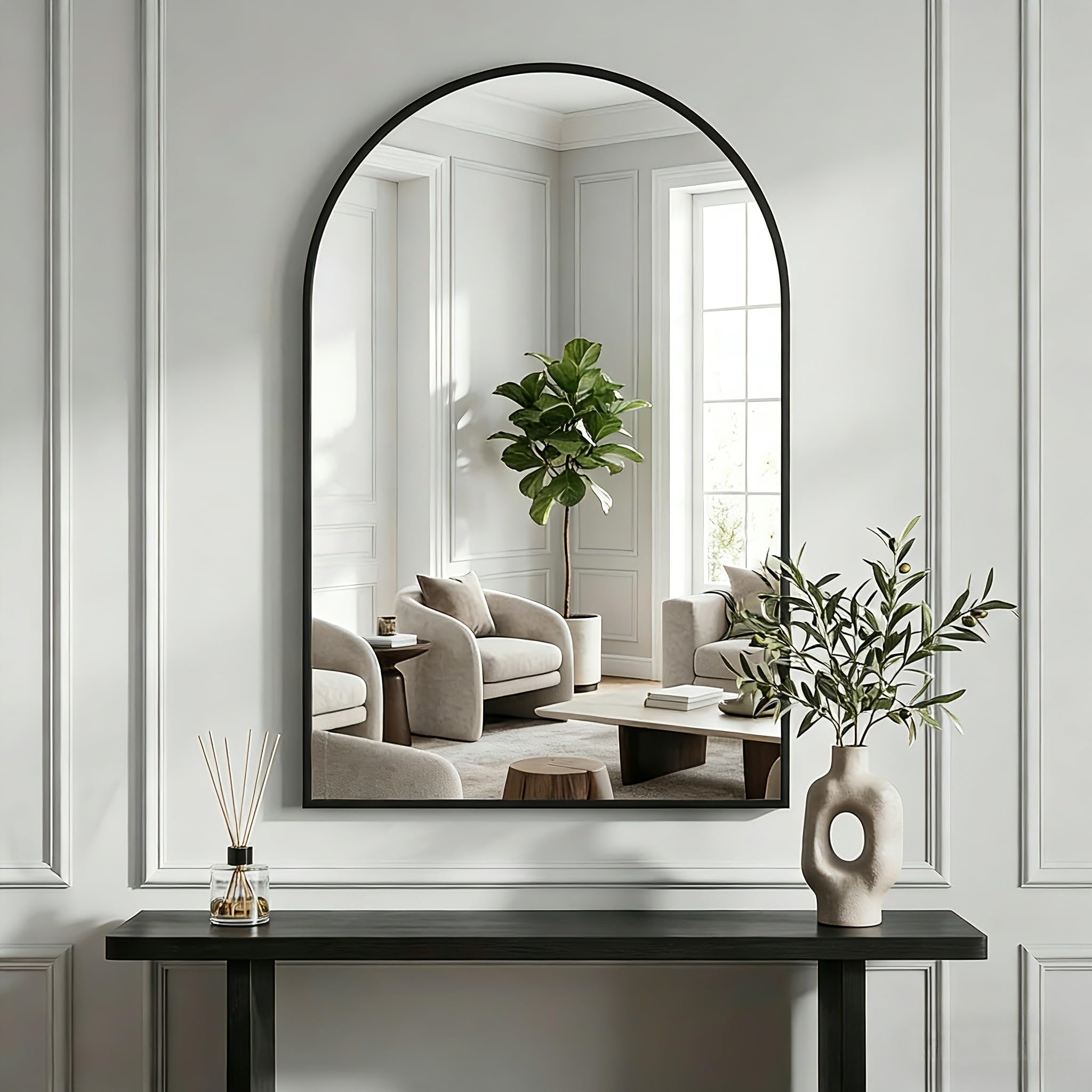 BEAUTYPEAK Bogen Wandspiegel mit Schwarz, 76x51 cm Bruchsichere Aluminiumlegierung Rahmen Badspiegel, Kann an die Wand Gelehnt oder Aufgehängt Werden, Standspiegel für Schlafzimmer, Bad und Toiletten