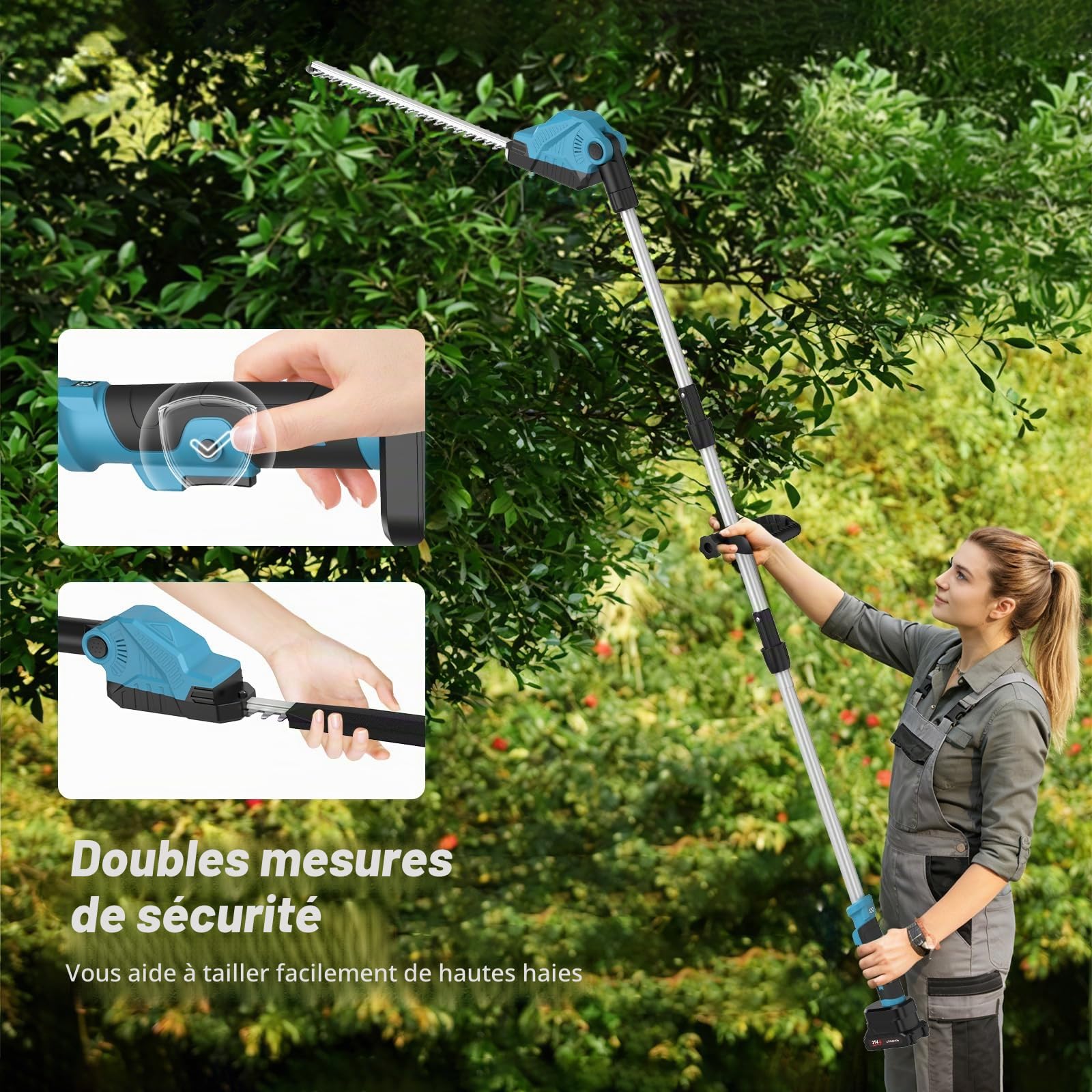 Taille Haie Electrique Telescopique 2,6 m, Taille-Haies sur Perche sans Fil avec 2 * Batteries 4,0Ah, Lame Double Action 48 cm, Tête Pivotante 135° Réglable, Taille-Haies Électriques pour Haies Hautes