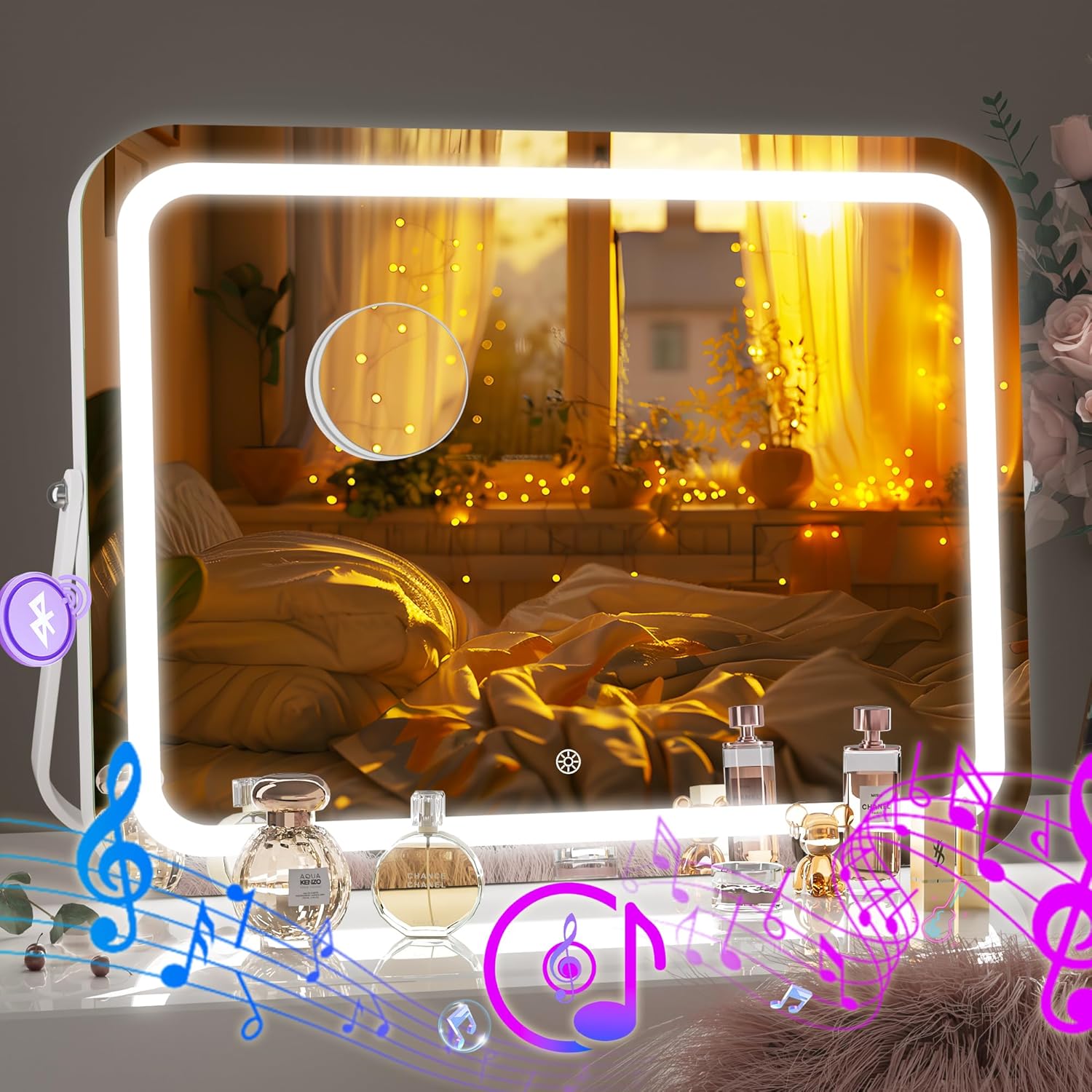 Hasipu LED Makeup Mirror with Bluetooth Speaker, 18" x 14" Vanity Mirror with Lights, Rounded Rectangle White Frame, 3 Modes Light, Smart Touch Control Dimmable, 360°Rotation, With 5X magnifying glass