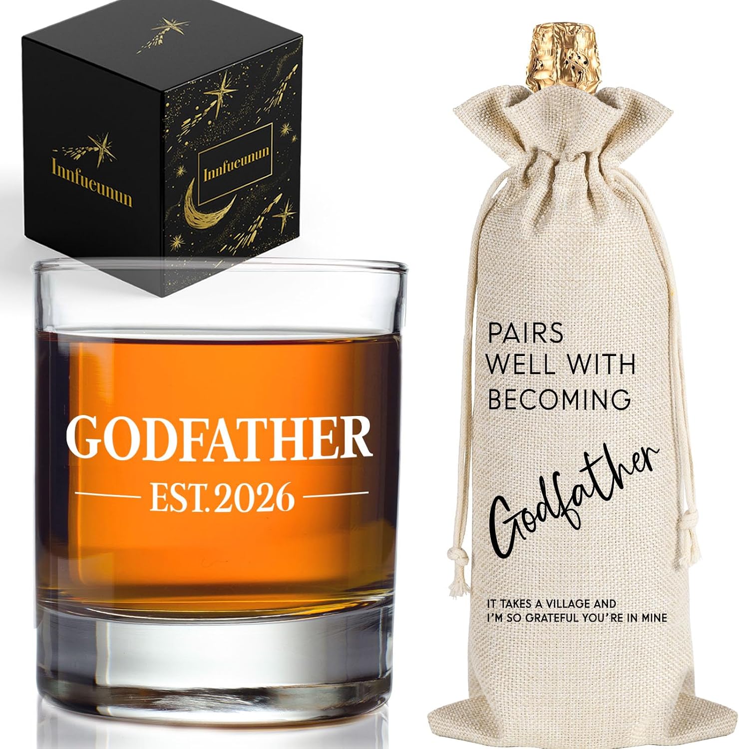 Godfather Est 2026 & Wine Bag，Godfather Proposal Gifts for Uncle, Brother, Whiskey Rocks Glass Proposal Gift for First Time Godparents,Baptism Birthday Fathers Day Cup from Godchild Goddaughter