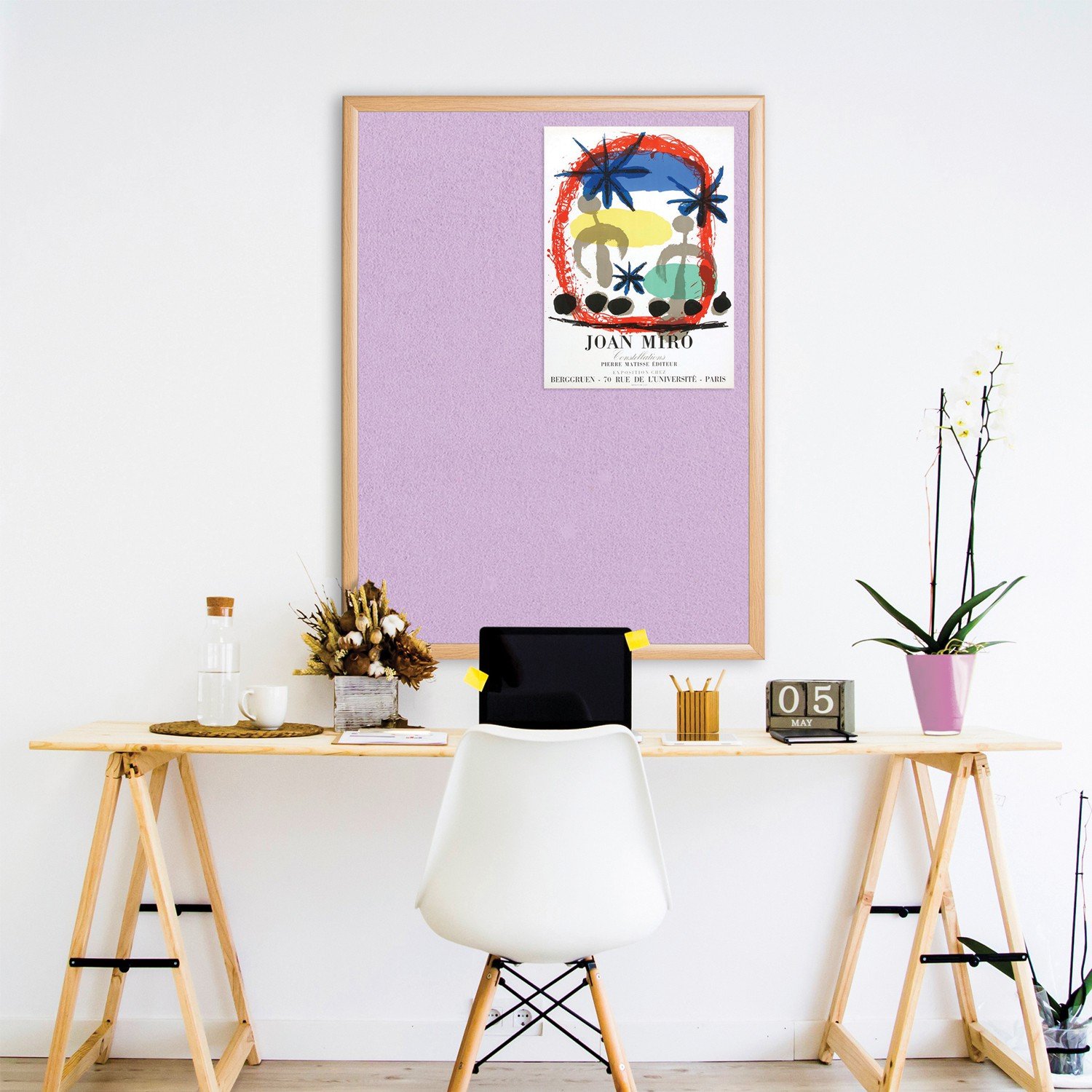 Wonderwall Eco-Friendly Noticeboard | 120 x 90 cm | Light Oak Effect Frame | Lilac Pinboard | 11 Colours to Choose from | Ideal for School, Office, Studio