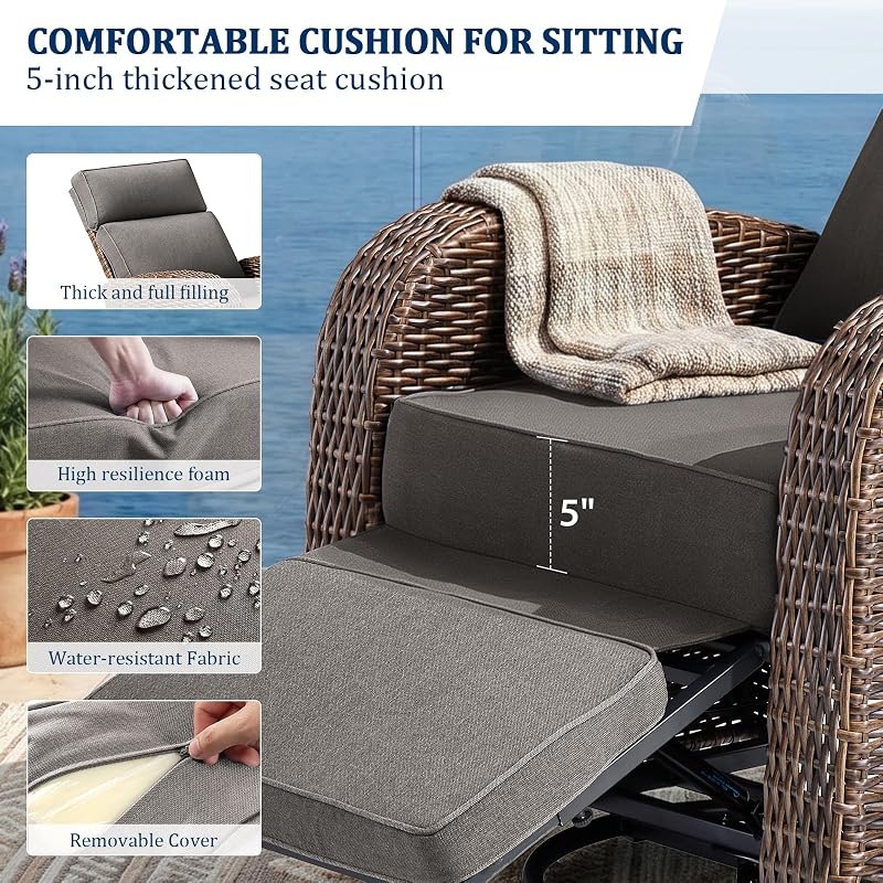 Outdoor Swivel Recliner with Separate Adjustable Backrest and Retractable Footrest, Wicker Patio Lounge Chair with Flip-Up Table, Comfortable Lounge Chair with 5-Inch Thickened Cushion | Brown Gery image 6