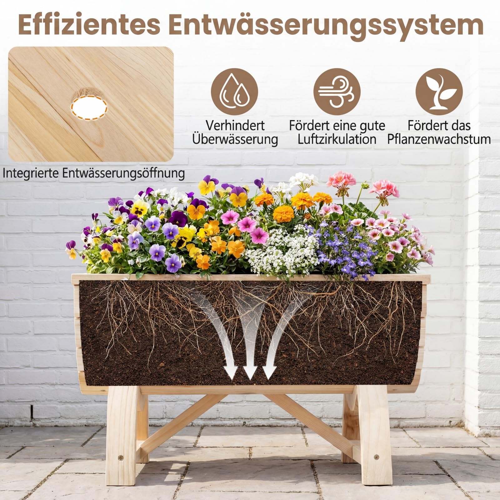 COSTWAY 2er Set Blumenkasten, Hochbeet aus Holz, halbes Blumenfass, Pflanzkasten mit Entwässerungsloch & Beinen, Pflanzfass Blumentopf Tannenholz, Gartendeko Outdoor, 39 x 30 x 24 cm, Natur