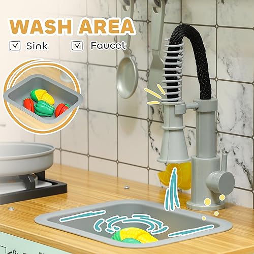 Miniatura 9 de Qaba Cocina de juego de simulación de esquina, juego de cocina de juguete para niños con pizarra, campana extractora, máquina de hielo, estufa,