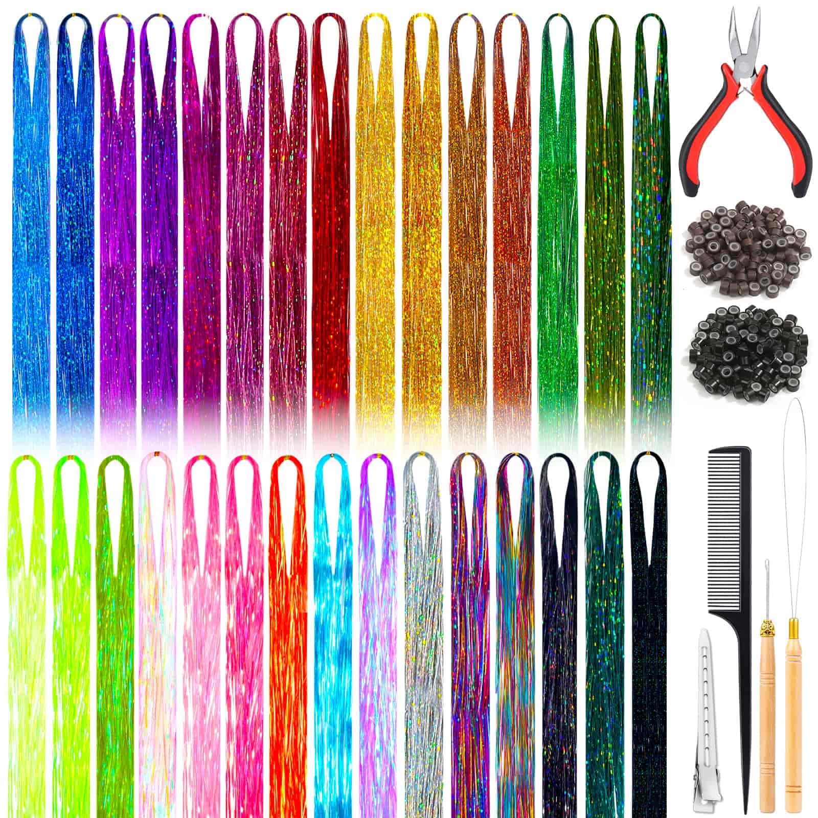 30 Shiny Colors Fairy Hair Tinsel Kit With Tools - 48 Inch 6000 Shimmer Glitter Strands Sparkle Extensions for Women Girls Kids Long Short Hair - Tensile Kit