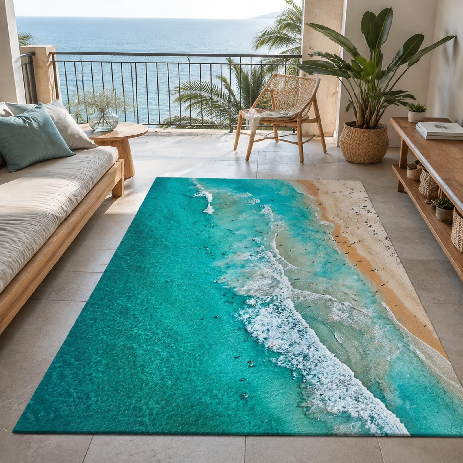 Dywany można prać w pralce, nowoczesny abstrakcyjny niebieski wzór plażowy, biały, beżowy, 100 x 160 cm, dywan do sypialni, kuchni, wejścia, salonu, jadalni, akademika, domu