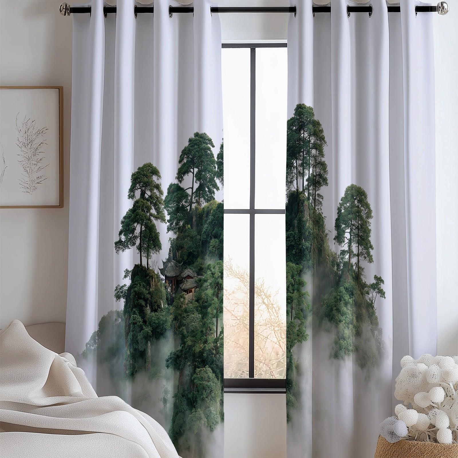 Generisch Vorhang Wolken Wald Verdunkelungsvorhänge 140 x 260 cm (2er Set) - Thermogardine Blickdicht mit Ösen, UV-Schutz Vorhänge für Schlafzimmer & Wohnzimmer Weiß Geheimnis Kiefern Natur