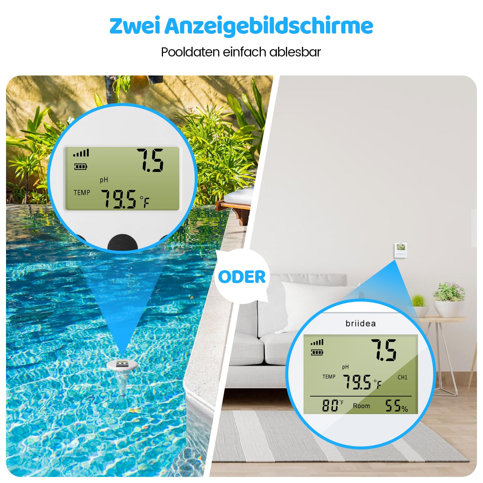briidea Kabelloses Digitales Schwimmbad-Wasserprüfgerät Mit Zwei Displays & Hochpräziser Elektrode Zur Messung Von Temperatur, pH, EC, TDS Für Alle Pools, Whirlpools Und Spas
