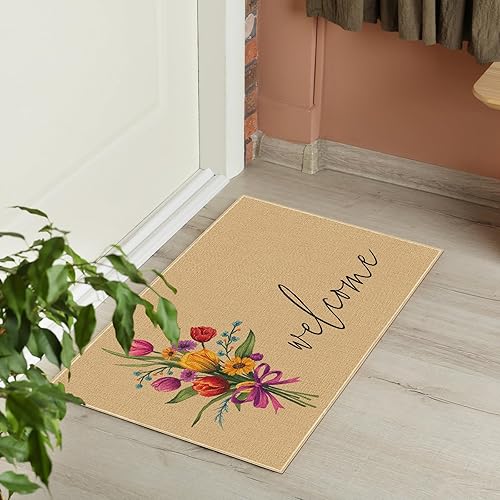 Miniatura 4 de Heyfibro Tapete de bienvenida floral de primavera, tapete de puerta delantera, tapete de entrada de flores de tulipán de verano, antideslizante, 29