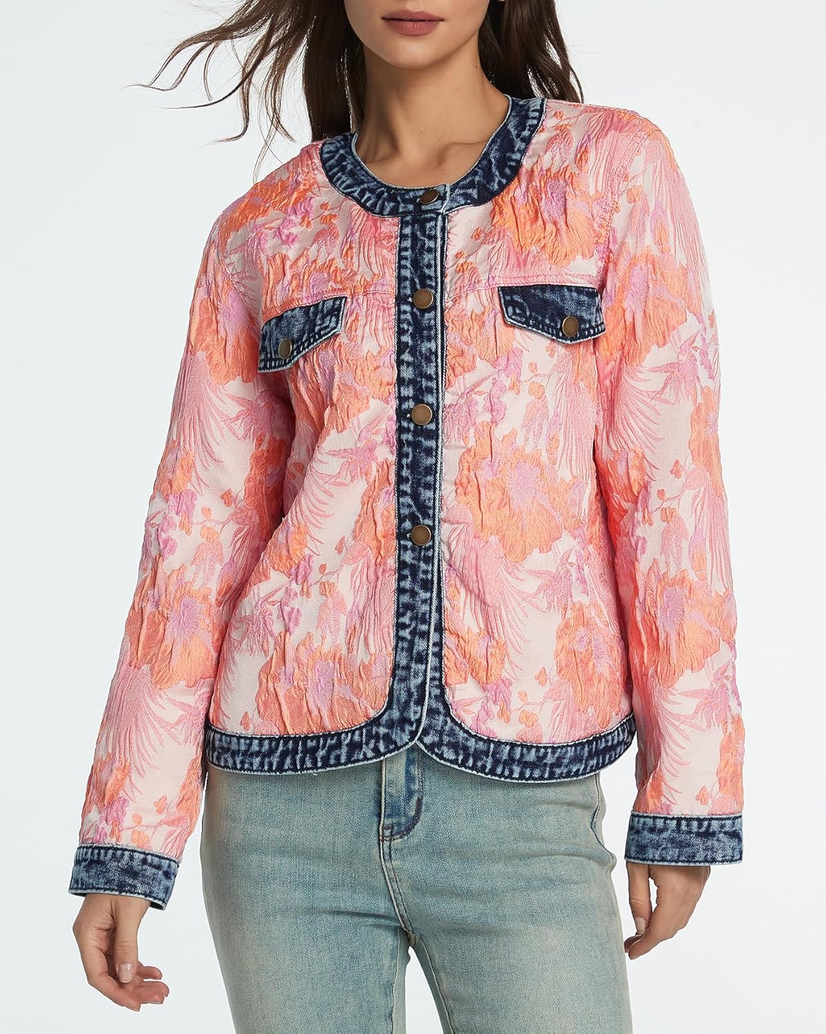 Kedera Women's Floral Denim Jacket Long Sleeve Jacquard Cropped Casual Denim Fall Jackets Coats - Image 6