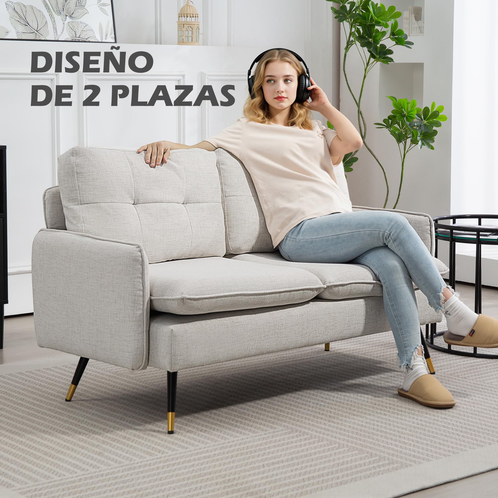 HOMCOM Sofá de 2 Plazas Tapizado en Lino Sofá de Salón 139 cm con Cojines Reposabrazos y Patas de Acero para Dormitorio Oficina Carga 240 kg Crema