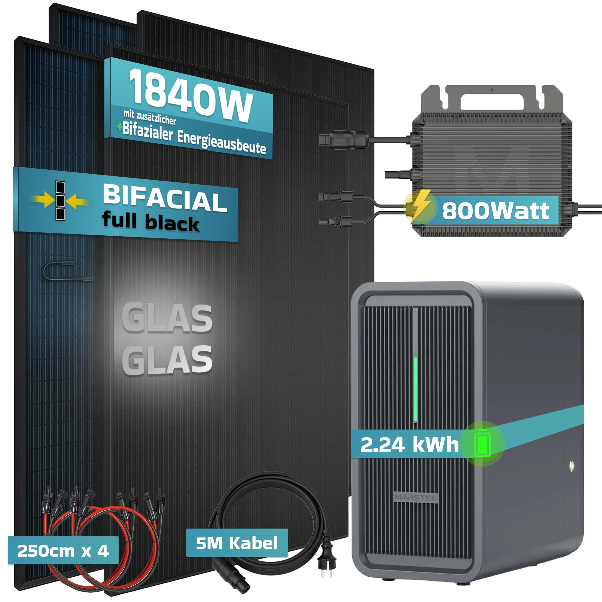 SUNNIVA® 1840W Balkonkraftwerk mit 2,24 kWh Speicher Marstek B2500-D, BIFAZIAL FULLBLACK komplett Steckdose, PV Solaranlage Komplettset mit Solarspeicher, 4x 460W N-Type Glas-Glas Bifacial Module