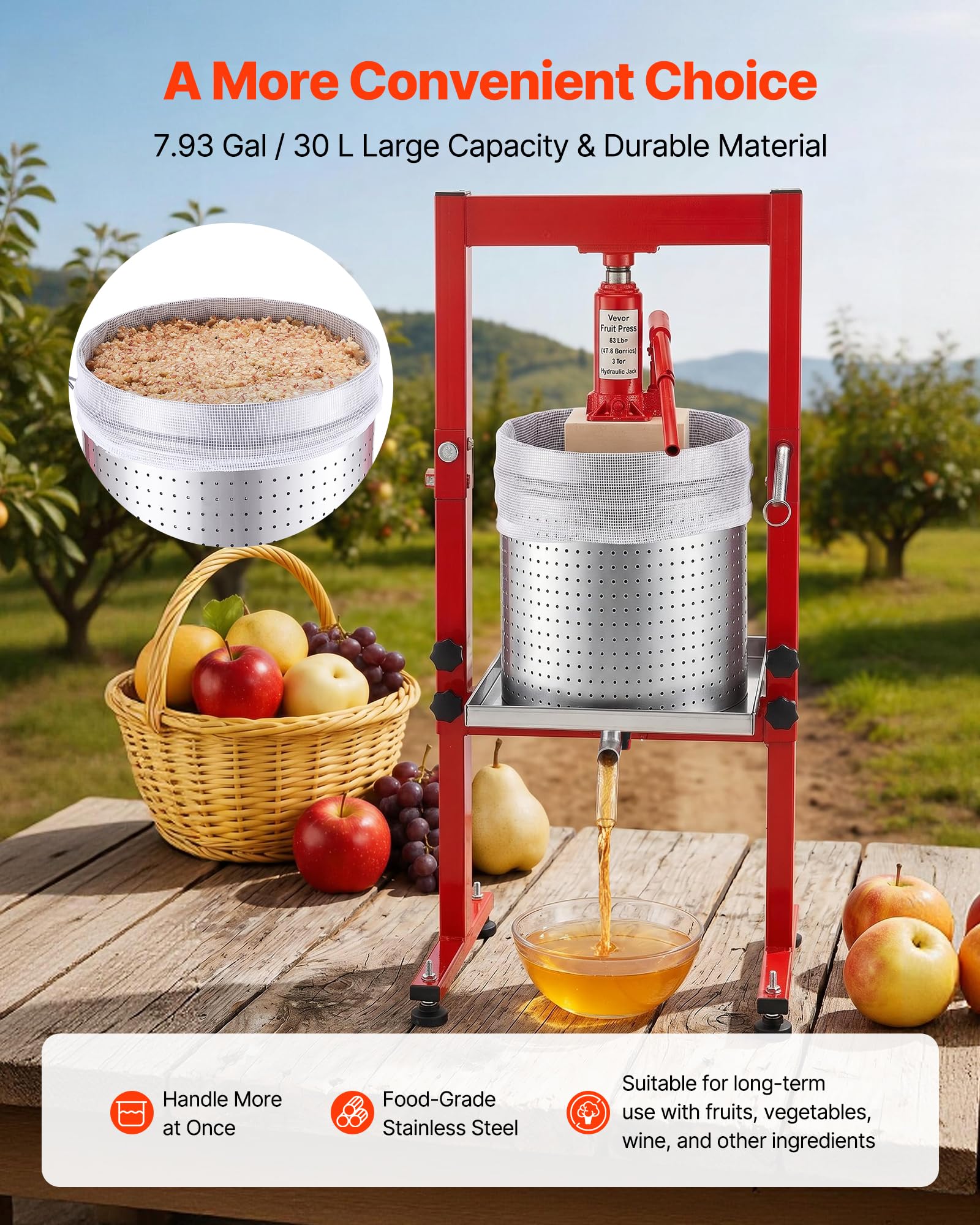 VEVOR Manuelle Beerenpresse 30 L aus Edelstahl, Weinpresse und Obstpresse für Äpfel, Weintrauben, Orangen und Gemüse, Apfelpresse mit 2 Filterbeuteln, 40 x 32 x 61 cm Hydraulische Saftpresse