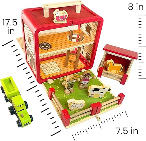Miniatura 5 de Juego de granja de juguetes de madera – Los juguetes para niños pequeños incluyen funda de transporte portátil de granero, agricultores de gente