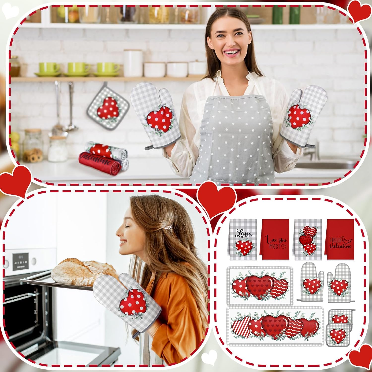 VitalCozy Set of 10 Valentine's Day Kitchen Towels Heart Kitchen Mats Oven Mitts and Pot Holders Set Absorbent Red Tea Hand Towels Valentine's Day Decorative Towel for Baking Cooking BBQ - Image 6