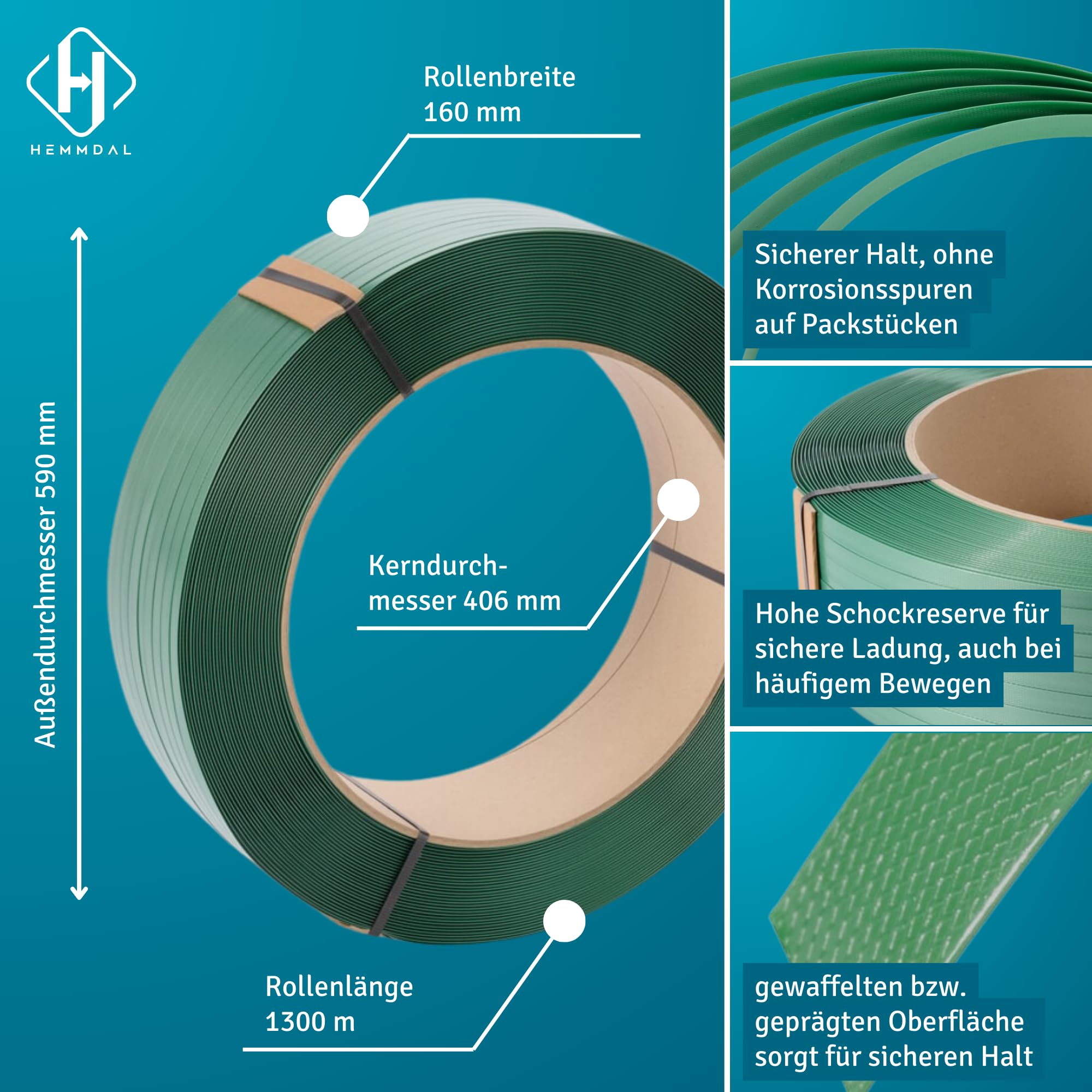 HEMMDAL Umreifungsband aus PET | 15 mm x 1.300 m | 0,89 mm Stärke | 4.600 N Bruchlast | 100% recyclingfähig | grün | gewaffelt/geprägt | für alle Umreifungsgeräte | Made in Germany